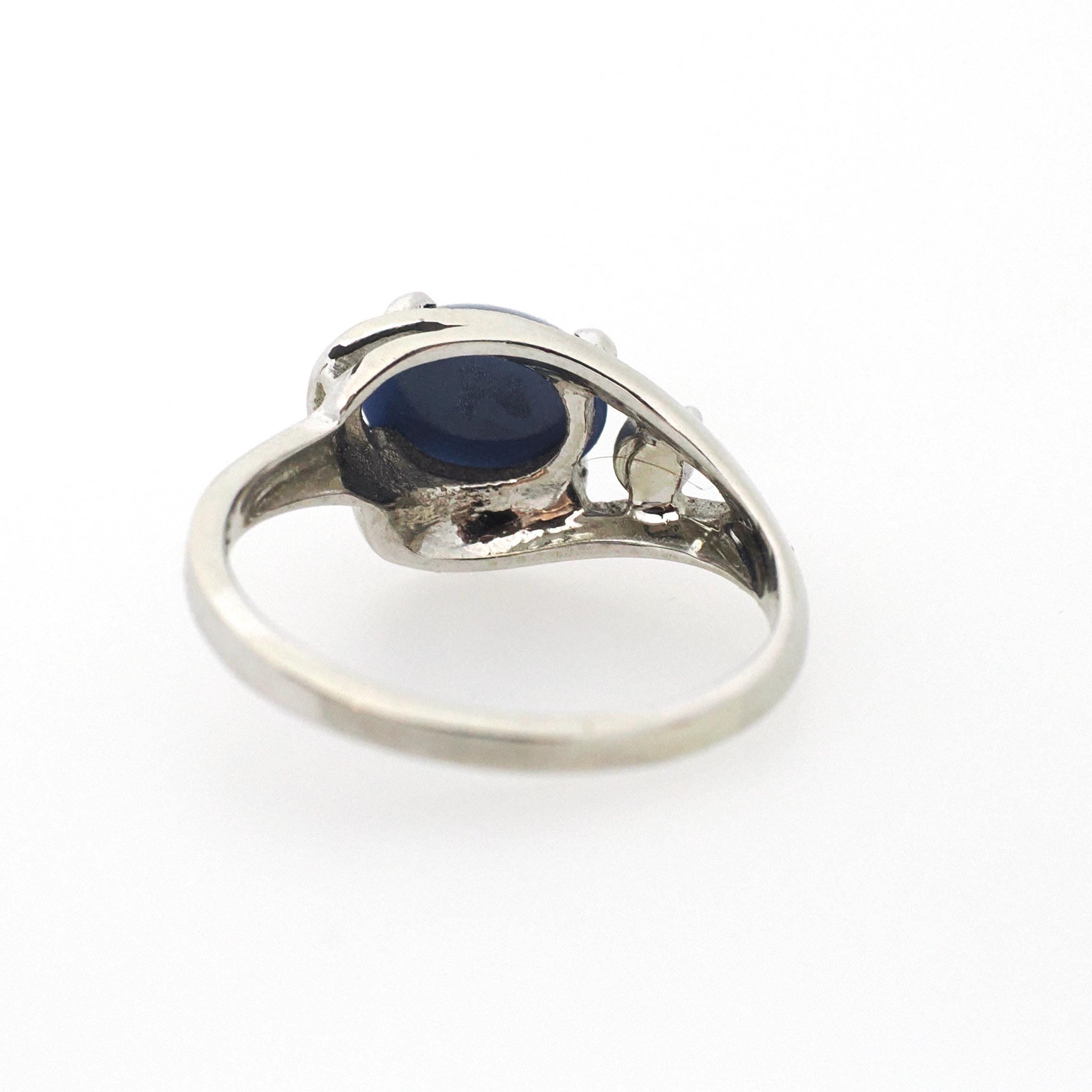 Created Star Sapphire Ring - Vintage 14k White Gold Cabochon & .04 CTW Natural Diamonds - Circa 1970s Era Size 5 3/4 Bypass Fine Jewelry