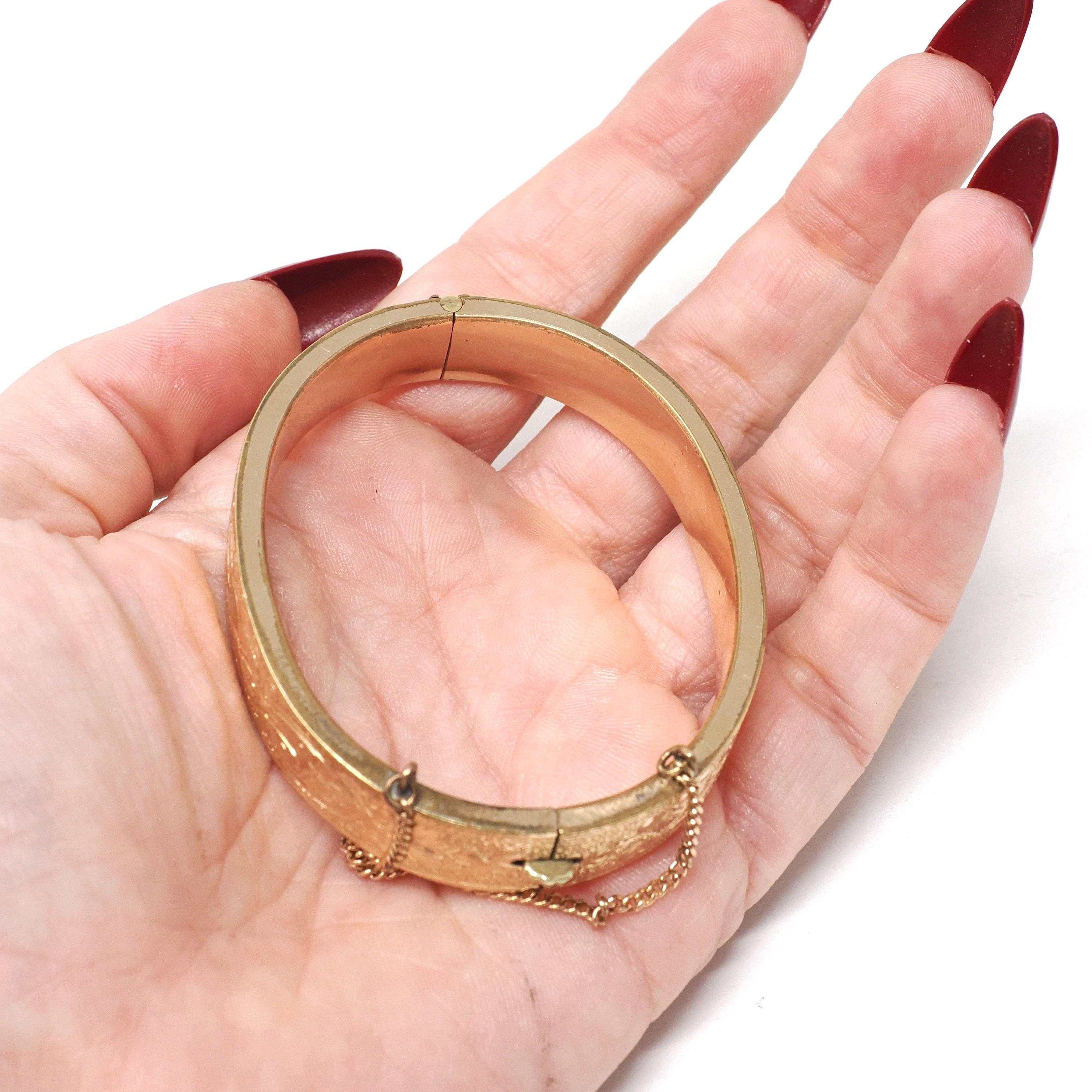 Antique Floral Bracelet - Victorian 12k Gold Filled Engraved Hinged Bangle Design - Circa 1880s Era Safety Chain Fashion Statement Jewelry