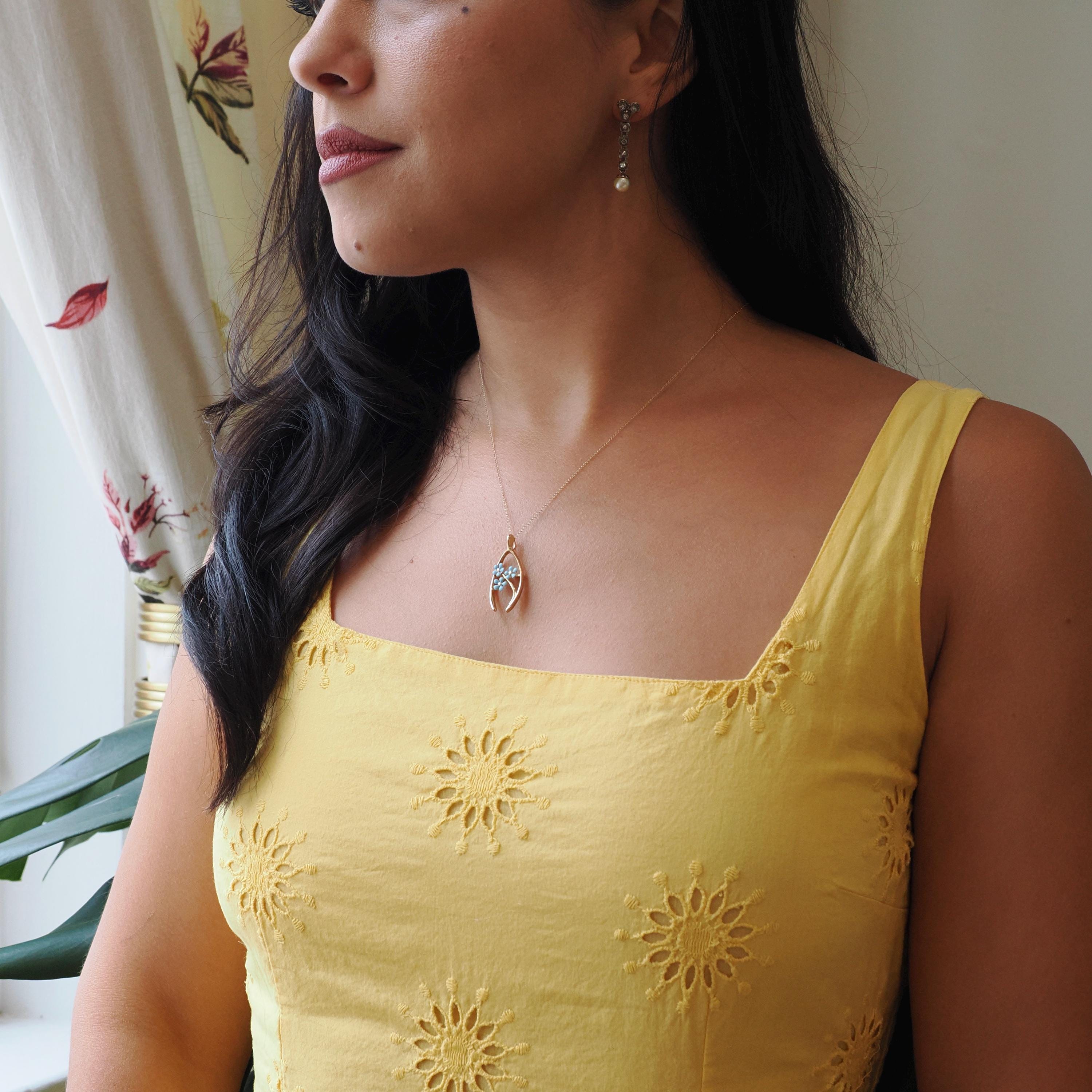 Antique Wishbone Pendant - Edwardian 14k Yellow Gold Blue Enamel Flowers Charm Necklace - Circa 1910s Era Good Luck Fine Statement Jewelry