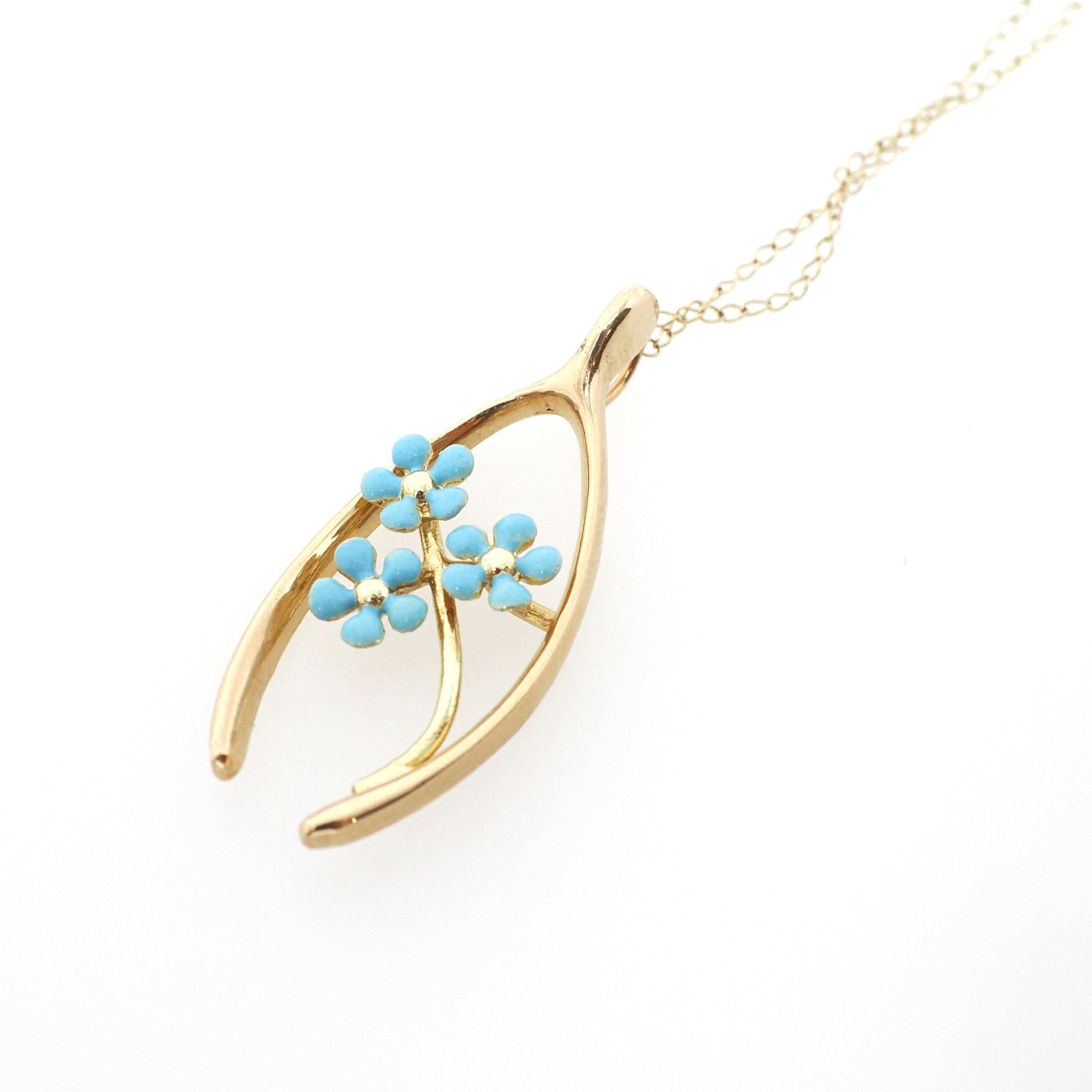 Antique Wishbone Pendant - Edwardian 14k Yellow Gold Blue Enamel Flowers Charm Necklace - Circa 1910s Era Good Luck Fine Statement Jewelry
