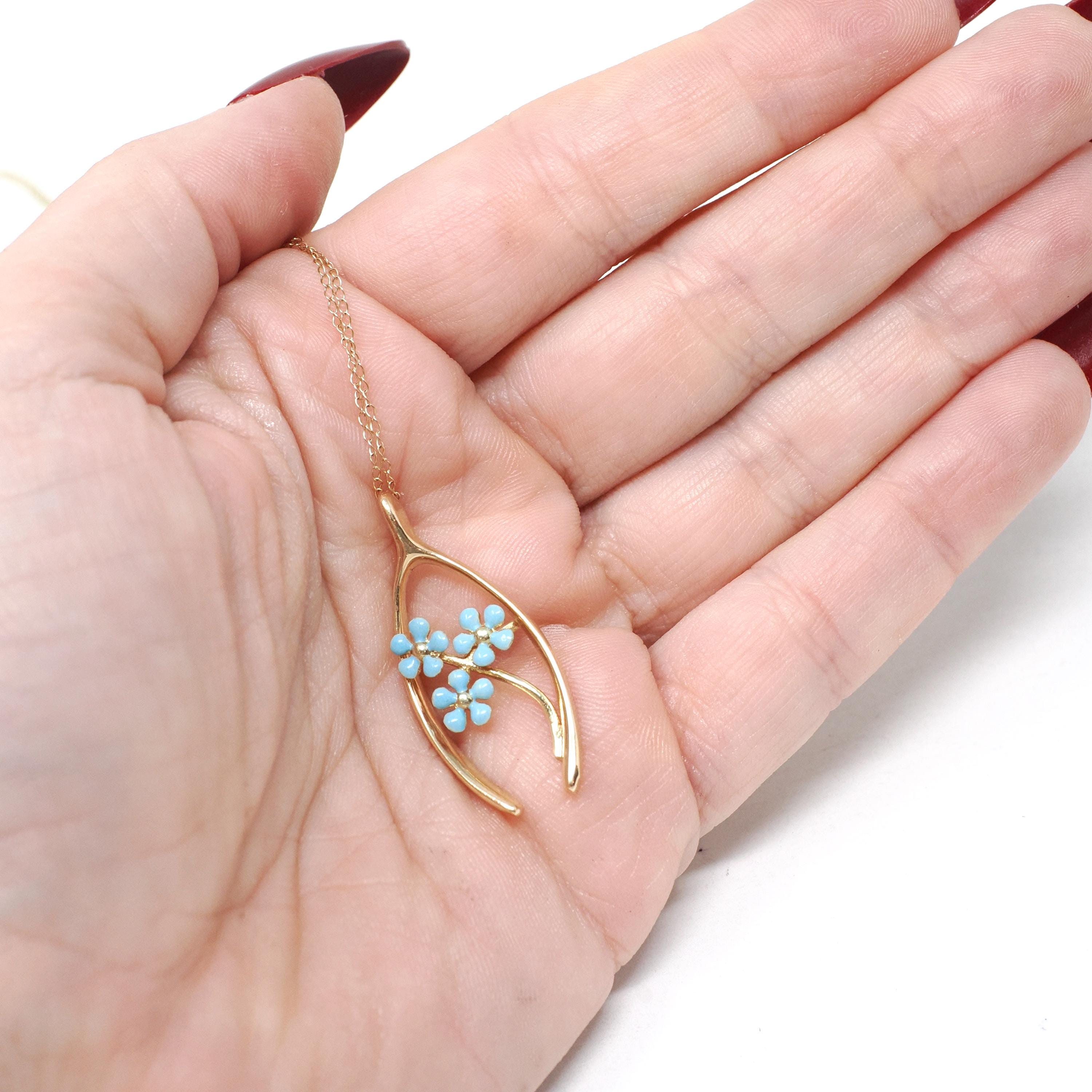 Antique Wishbone Pendant - Edwardian 14k Yellow Gold Blue Enamel Flowers Charm Necklace - Circa 1910s Era Good Luck Fine Statement Jewelry