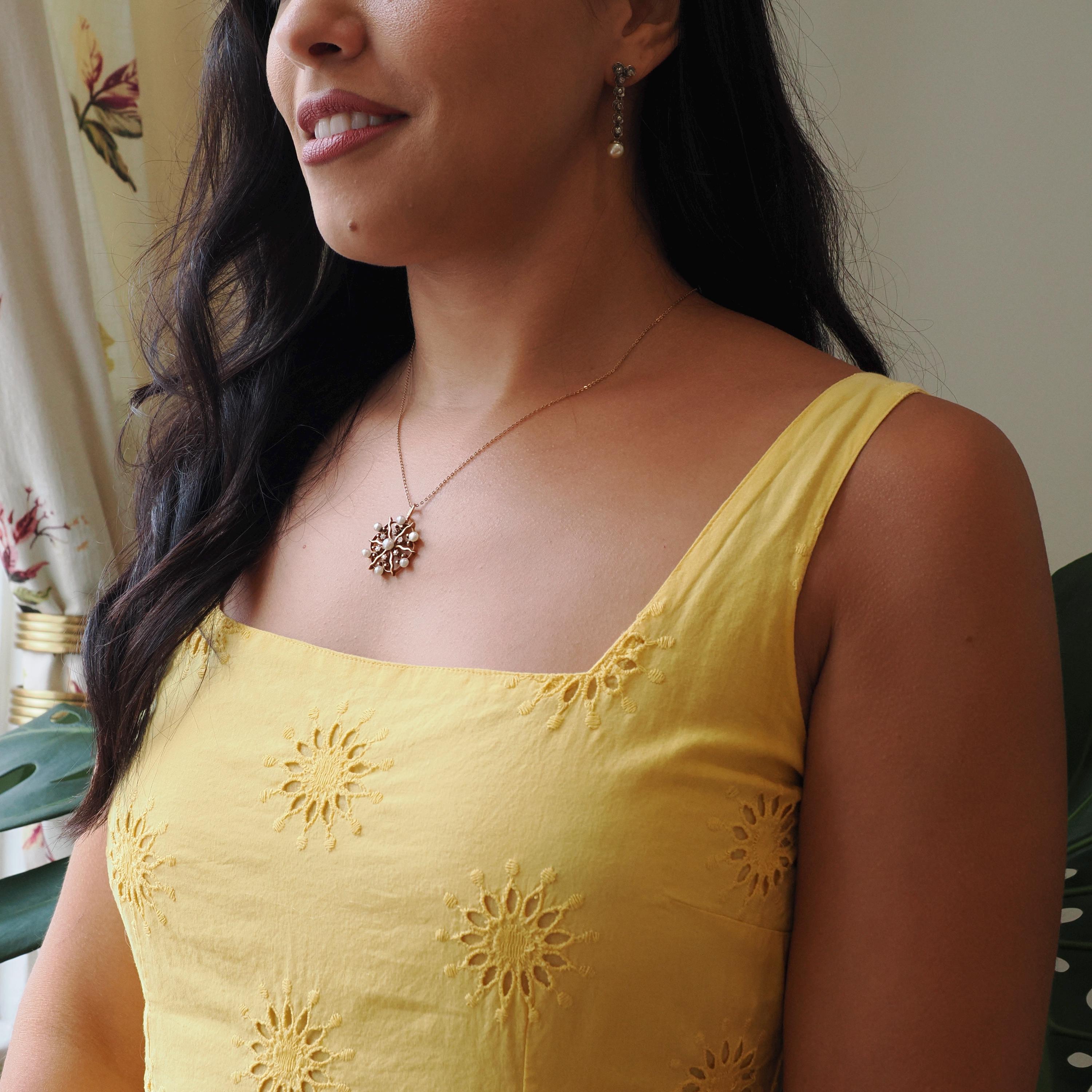 Antique Starburst Necklace - Edwardian 14k Rosy Yellow Gold .18 CTW Natural Diamonds Cultured Pearls Pendant - Circa 1910s Era Fine Jewelry