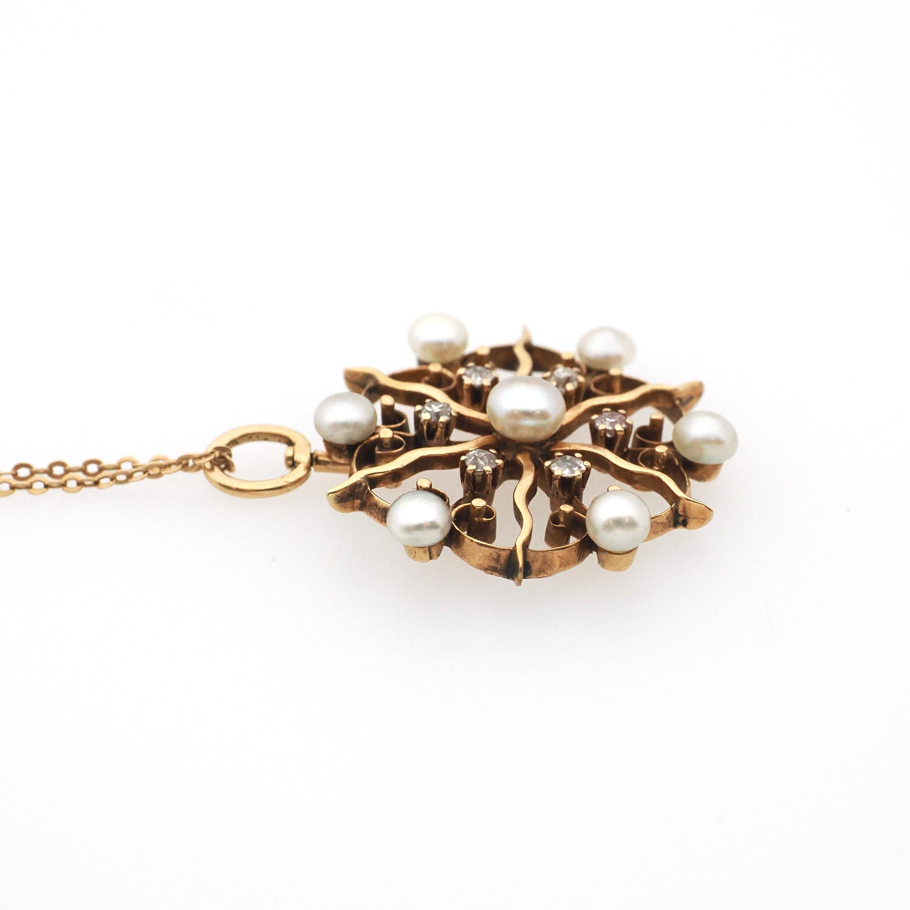 Antique Starburst Necklace - Edwardian 14k Rosy Yellow Gold .18 CTW Natural Diamonds Cultured Pearls Pendant - Circa 1910s Era Fine Jewelry