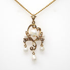 Antique Lavalier Pendant - Edwardian 14k Yellow Gold Seed & Cultured Pearls Necklace - Circa 1910s June Birthstone Fine Statement Jewelry