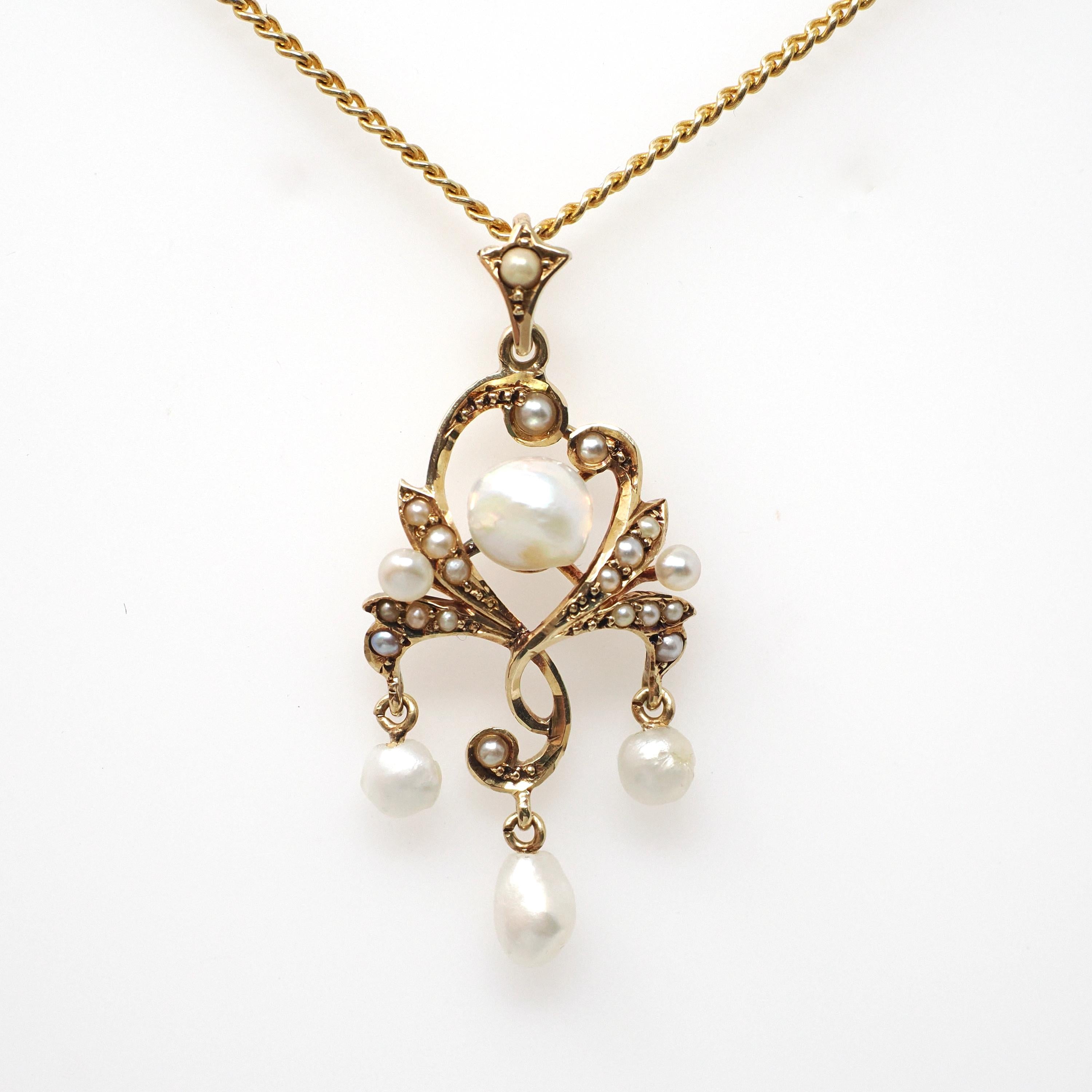Antique Lavalier Pendant - Edwardian 14k Yellow Gold Seed & Cultured Pearls Necklace - Circa 1910s June Birthstone Fine Statement Jewelry