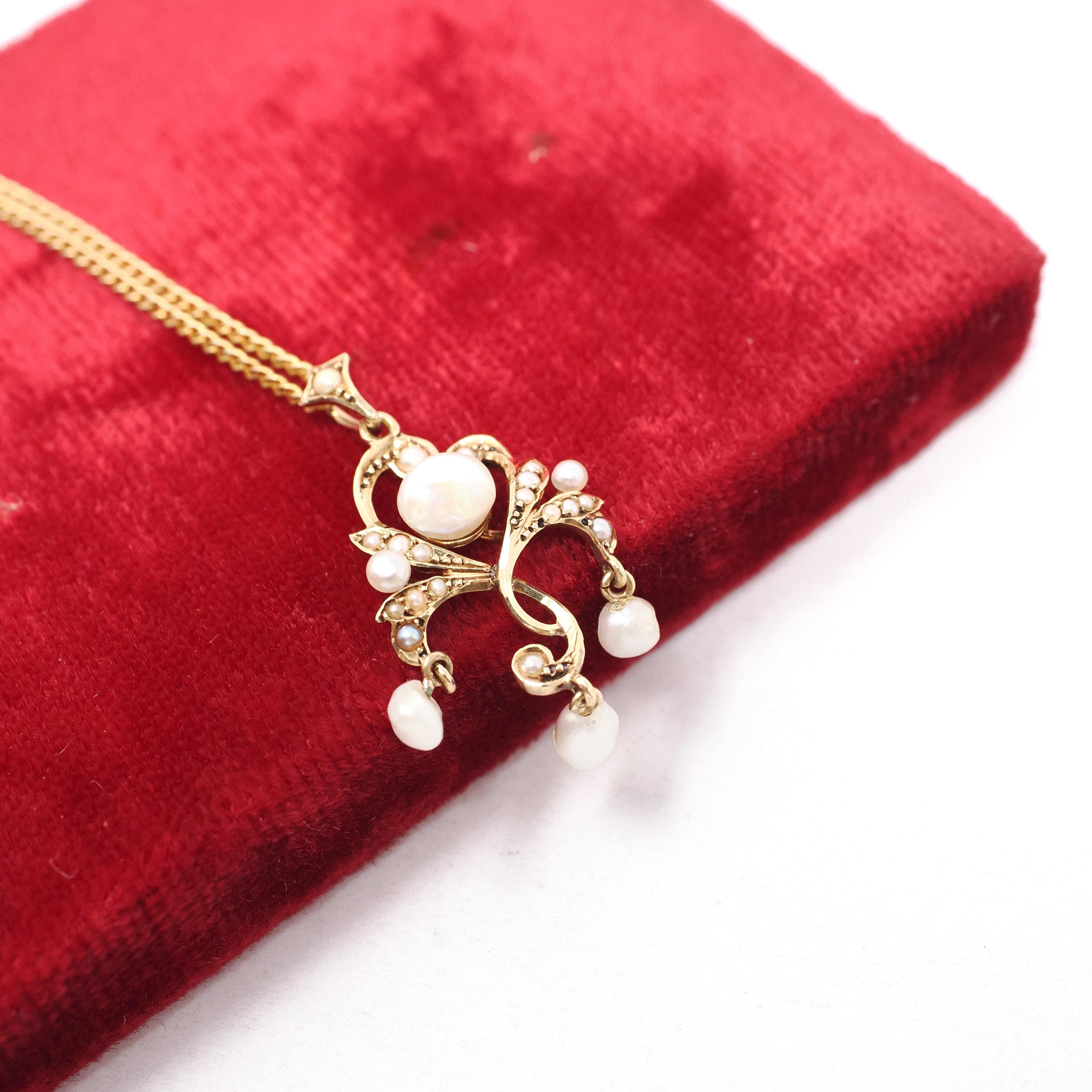 Antique Lavalier Pendant - Edwardian 14k Yellow Gold Seed & Cultured Pearls Necklace - Circa 1910s June Birthstone Fine Statement Jewelry