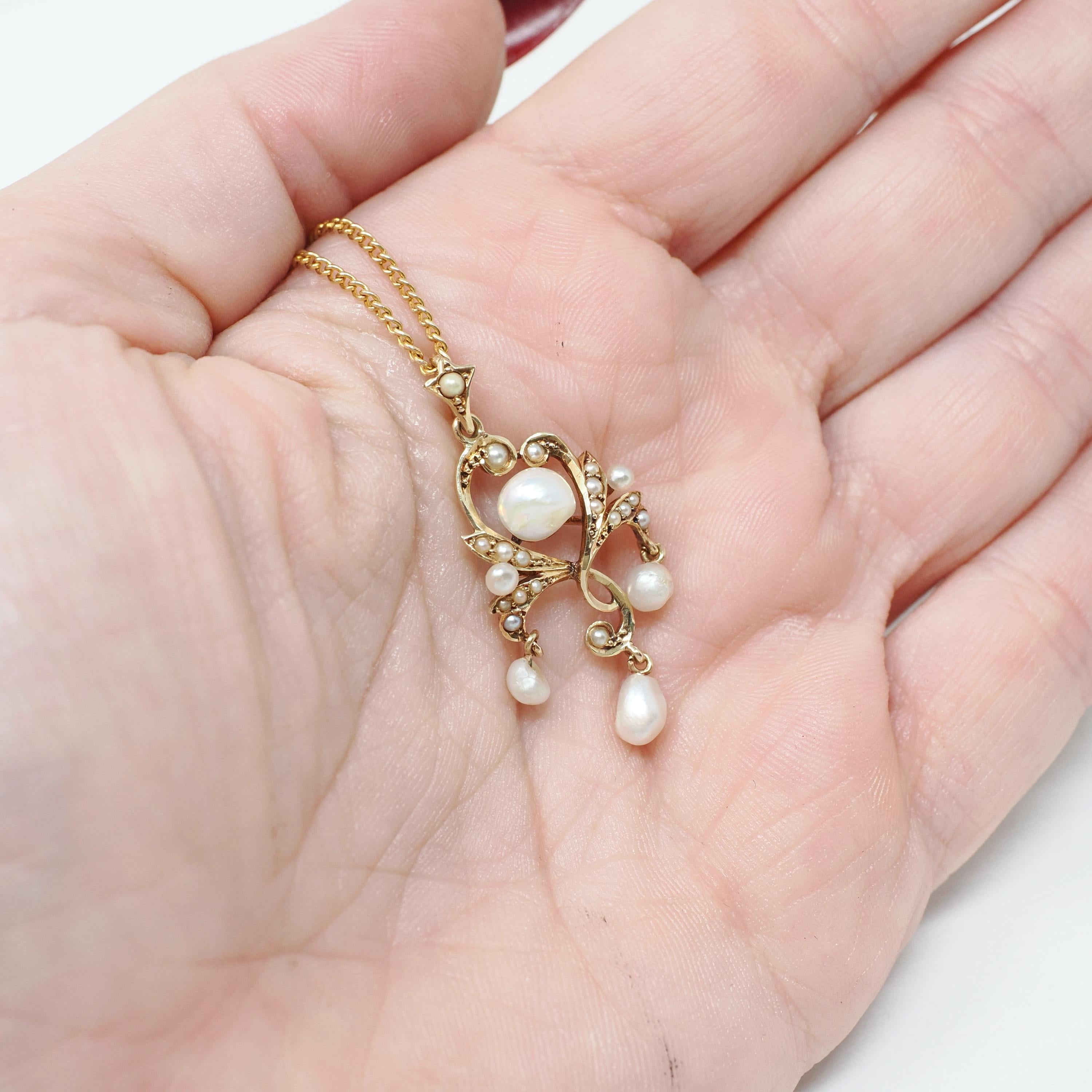 Antique Lavalier Pendant - Edwardian 14k Yellow Gold Seed & Cultured Pearls Necklace - Circa 1910s June Birthstone Fine Statement Jewelry