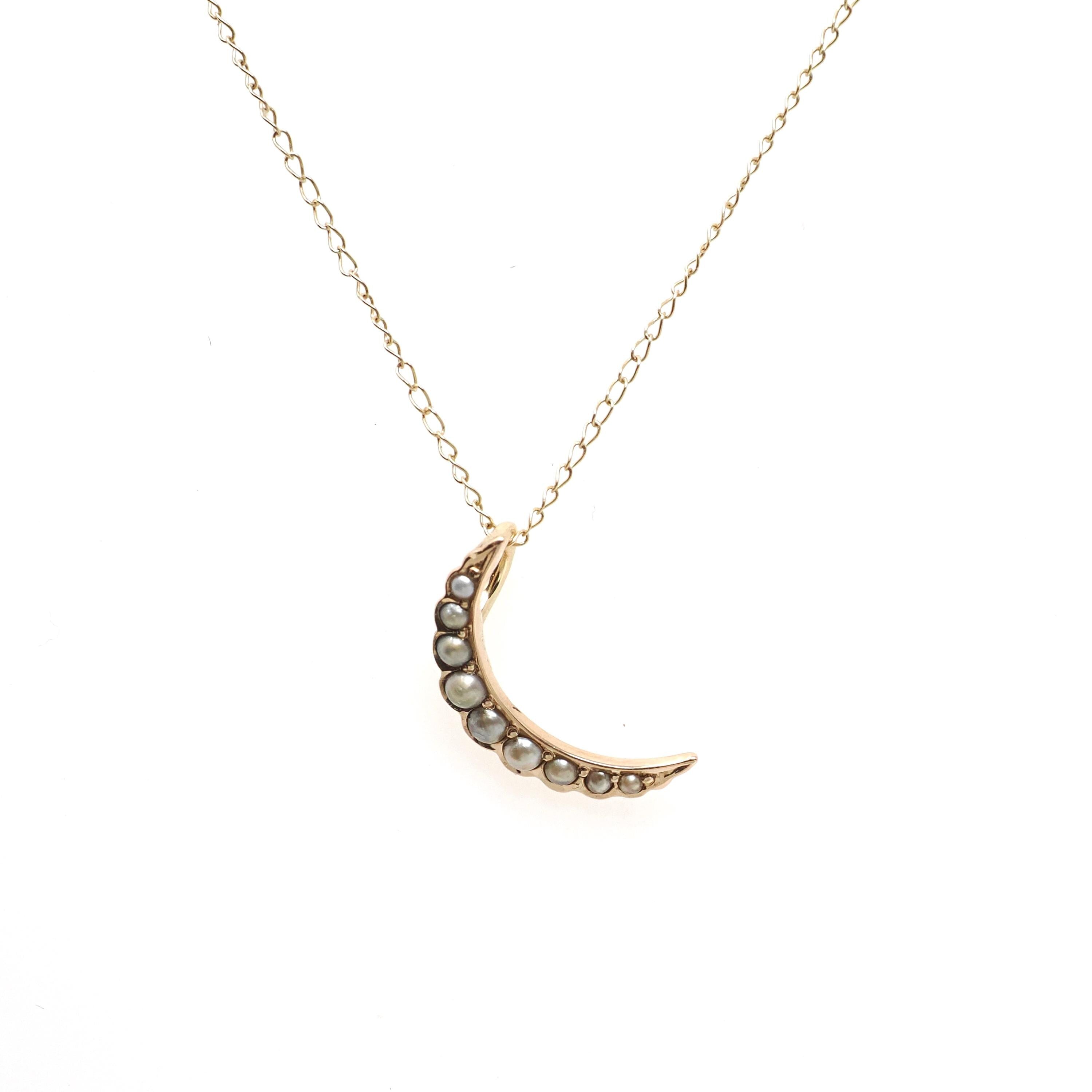 Antique Crescent Moon Charm - Edwardian Era 14k Yellow Gold Cultured Seed Pearl Conversion Pendant - Circa 1910s Celestial Fine Jewelry
