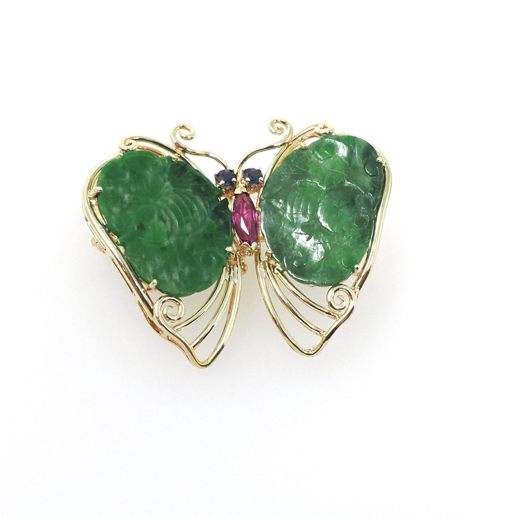 Vintage Butterfly Brooch - Estate 14k Yellow Gold Flying Winged Jadeite Jade Sapphire Ruby - Modernist Colorful Gemstone Insect Fine Jewelry