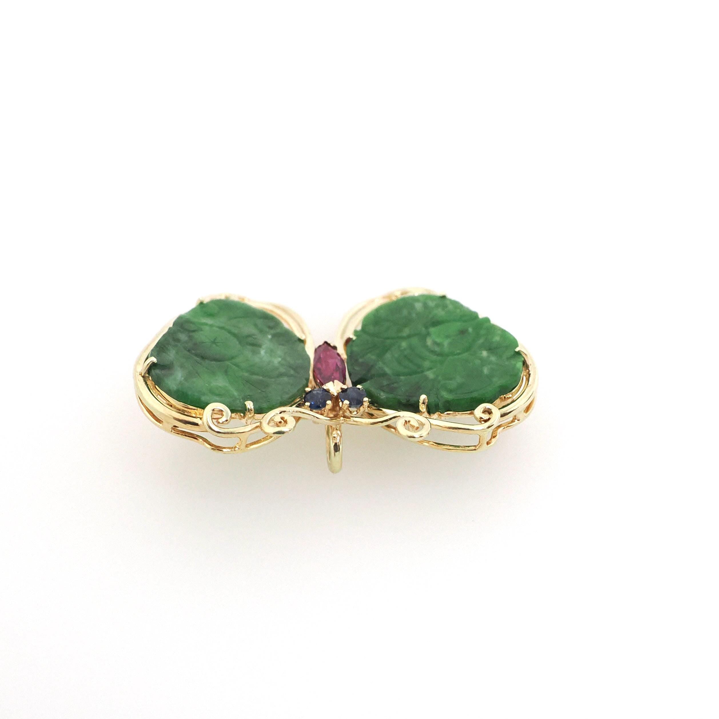 Vintage Butterfly Brooch - Estate 14k Yellow Gold Flying Winged Jadeite Jade Sapphire Ruby - Modernist Colorful Gemstone Insect Fine Jewelry