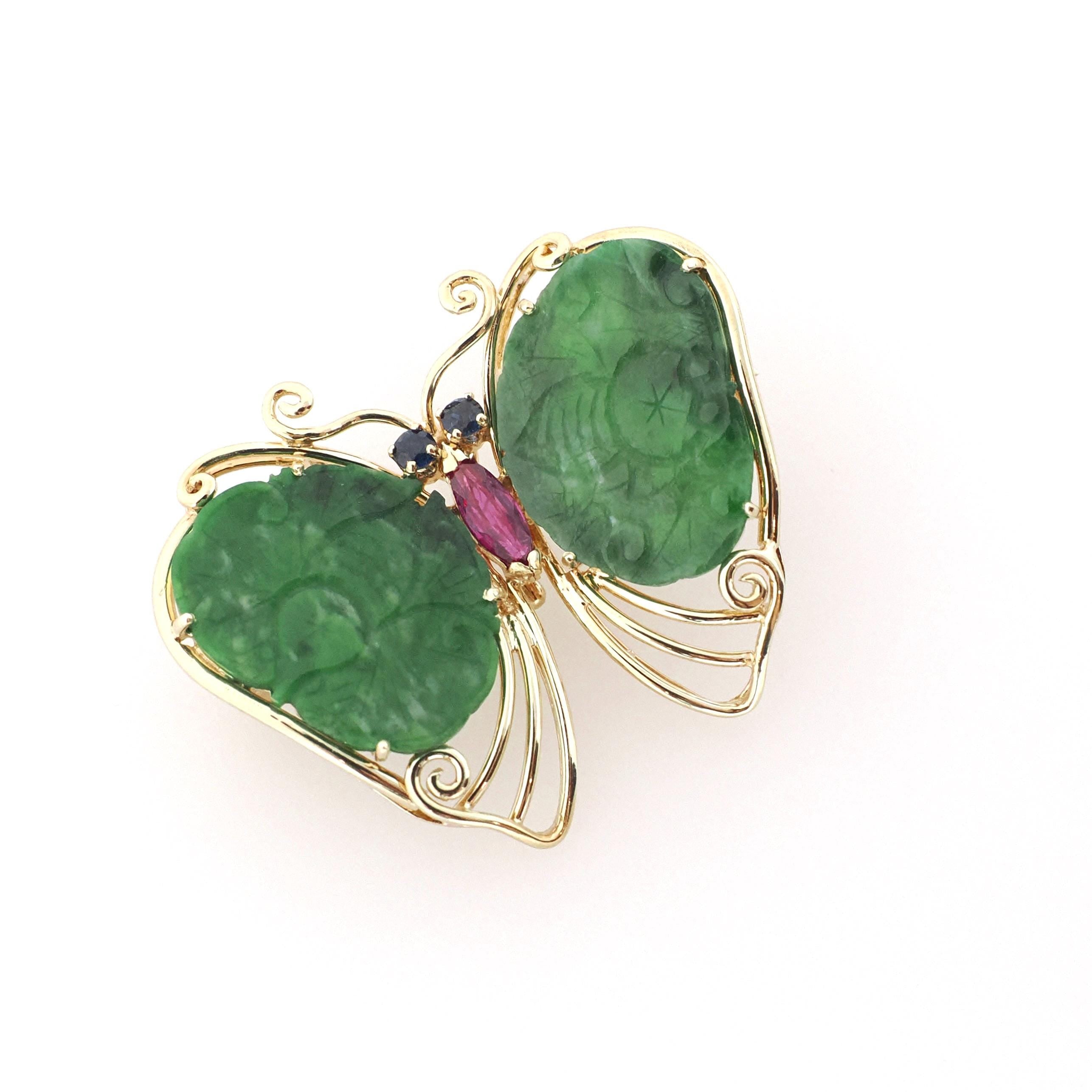 Vintage Butterfly Brooch - Estate 14k Yellow Gold Flying Winged Jadeite Jade Sapphire Ruby - Modernist Colorful Gemstone Insect Fine Jewelry