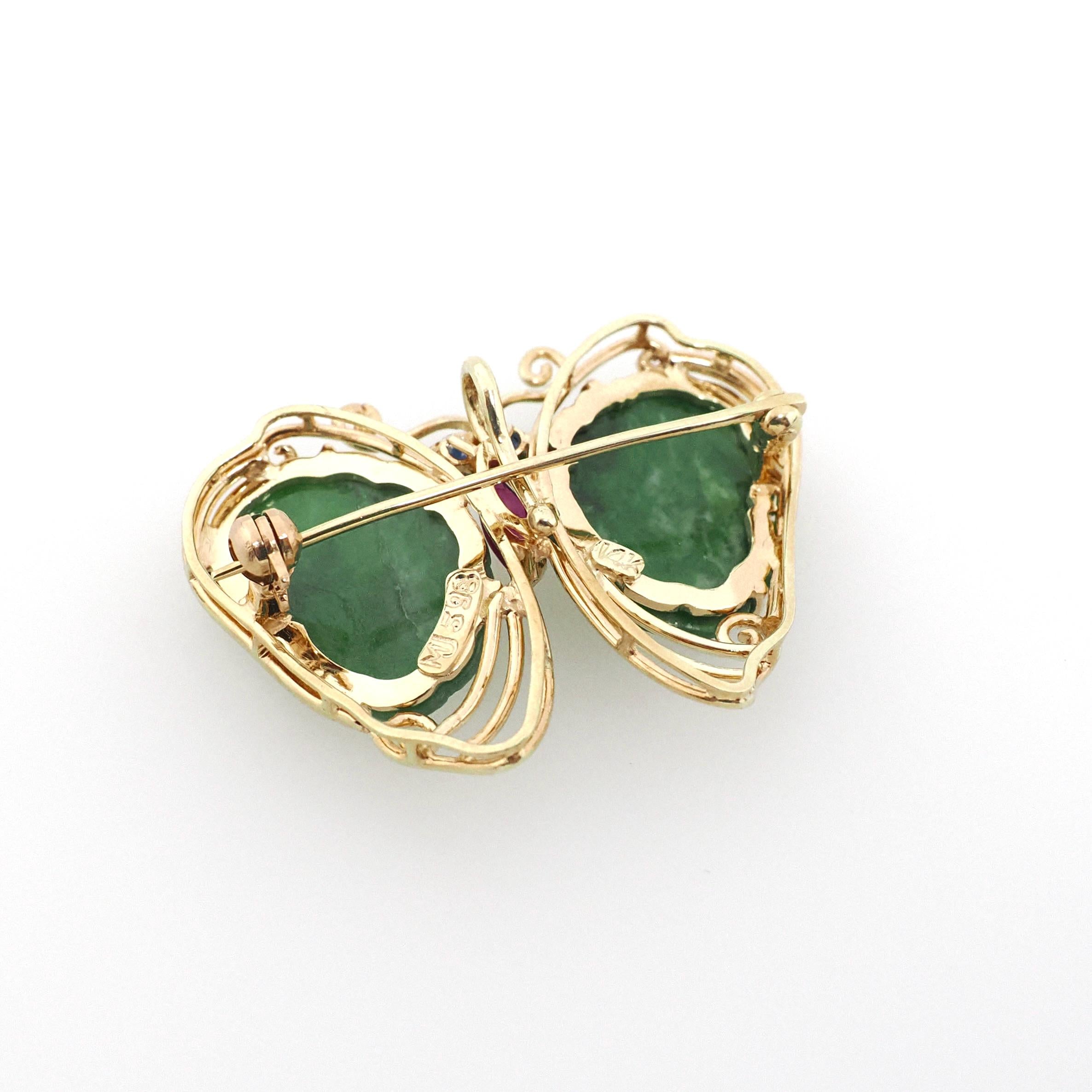 Vintage Butterfly Brooch - Estate 14k Yellow Gold Flying Winged Jadeite Jade Sapphire Ruby - Modernist Colorful Gemstone Insect Fine Jewelry