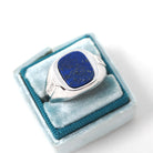 Vintage Lapis Lazuli Ring - Modernist 14k White Gold Flat Top Blue Gem Signet - Circa 1970s Size 10 Diamond Accented Fine Unisex Jewelry