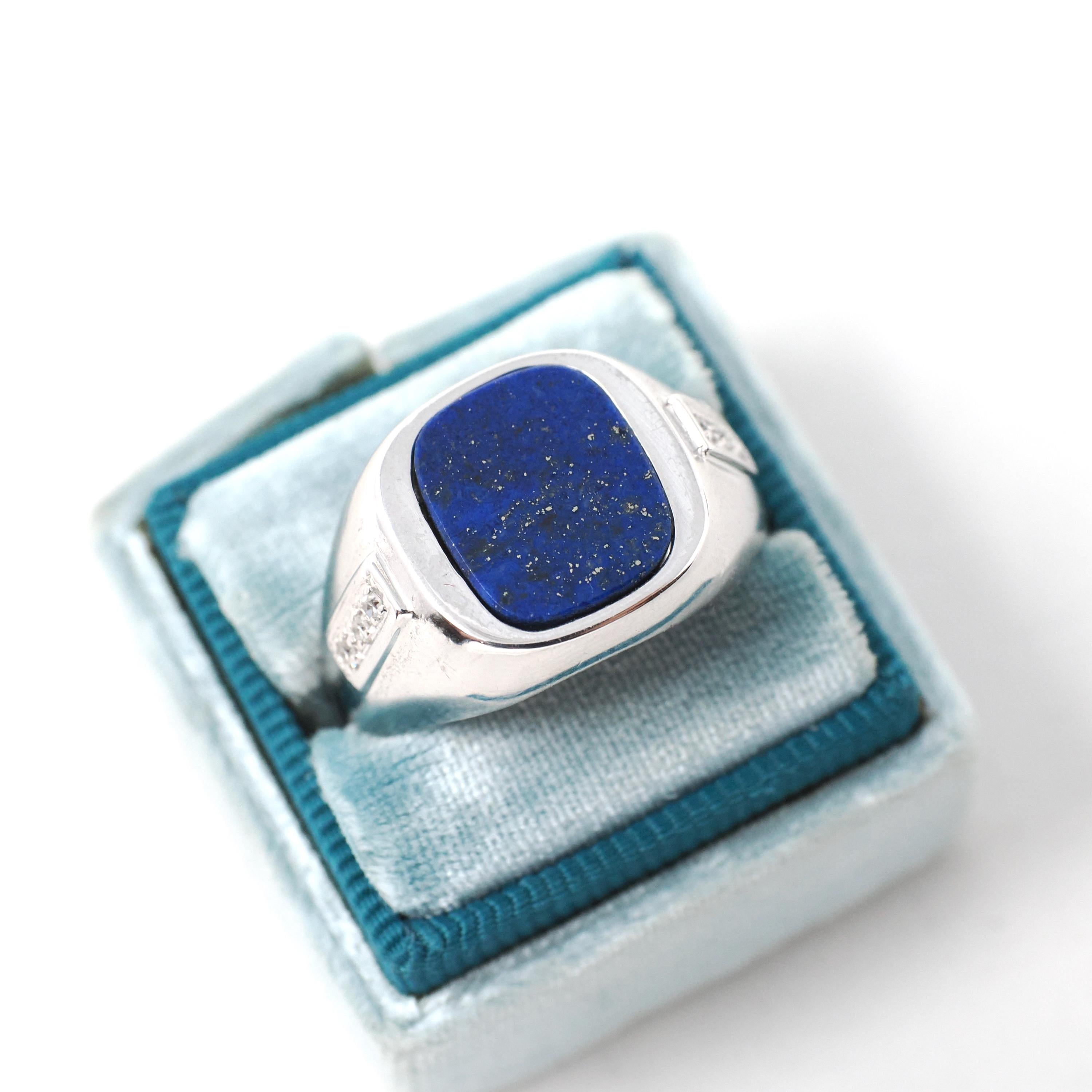 Vintage Lapis Lazuli Ring - Modernist 14k White Gold Flat Top Blue Gem Signet - Circa 1970s Size 10 Diamond Accented Fine Unisex Jewelry
