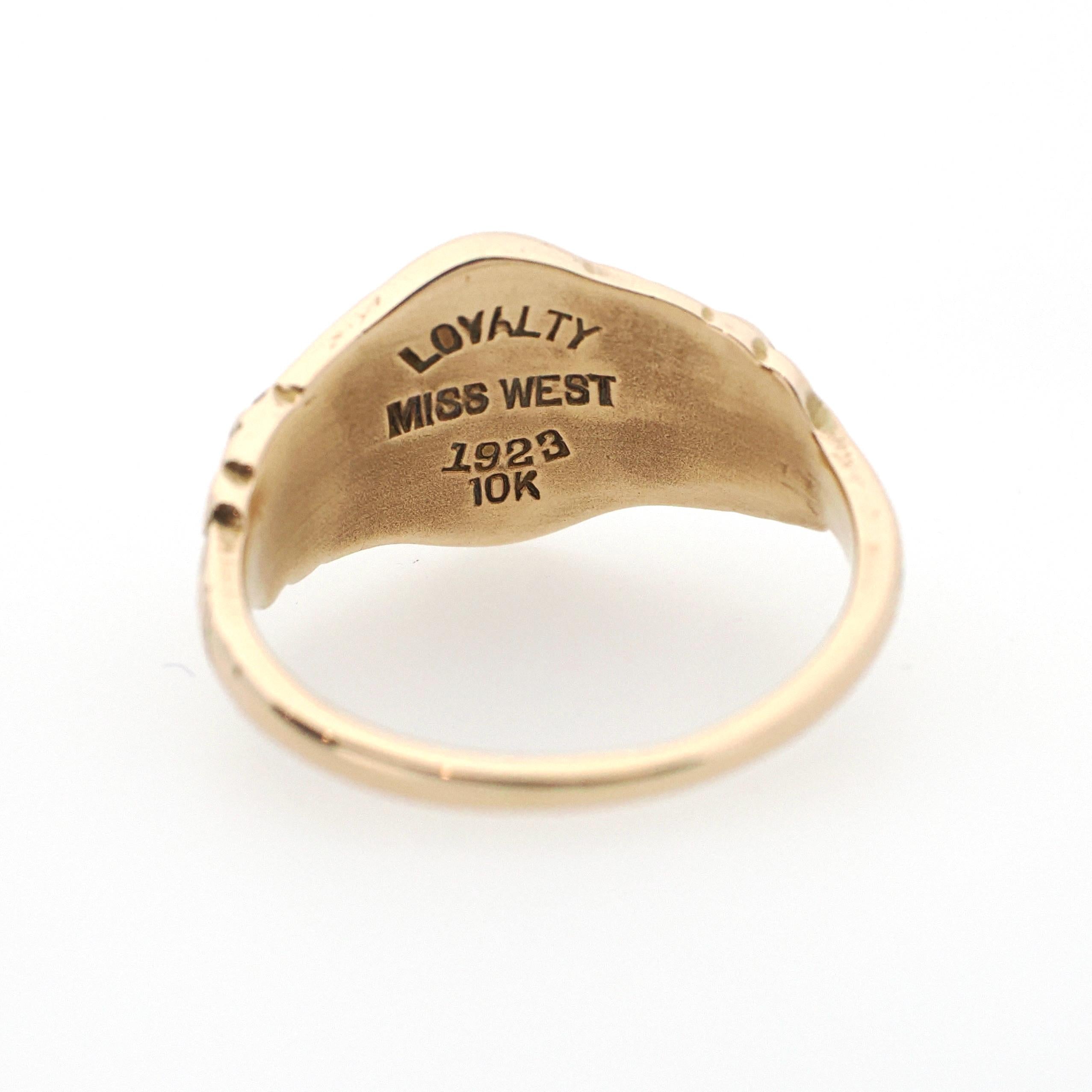 Antique "WKA" Signet Ring - Art Deco Era 10k Yellow Gold Engraved Initial Letters Unisex - Stamped 1923 Size 6 Floral Flower Fine Jewelry
