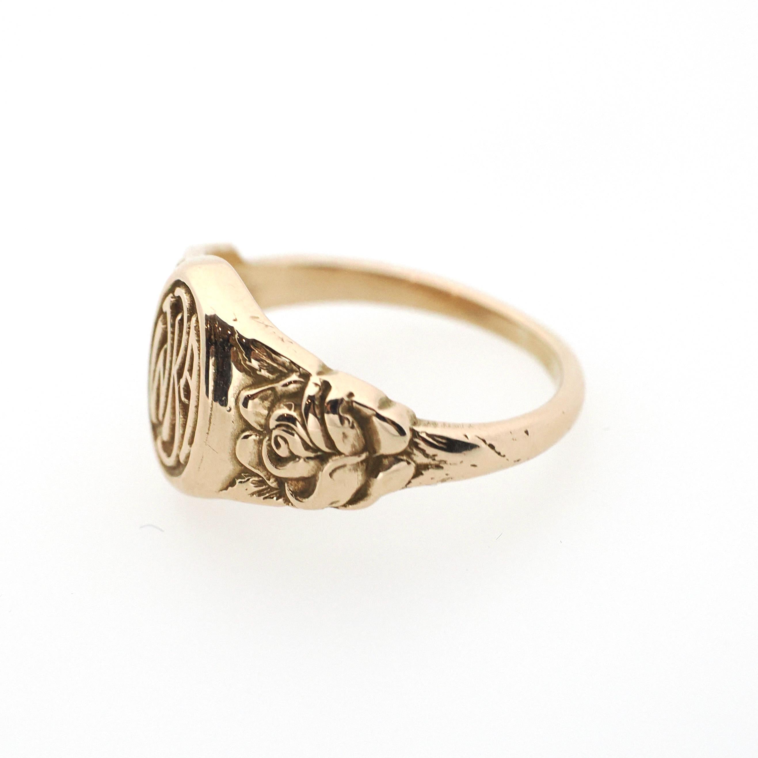 Antique "WKA" Signet Ring - Art Deco Era 10k Yellow Gold Engraved Initial Letters Unisex - Stamped 1923 Size 6 Floral Flower Fine Jewelry