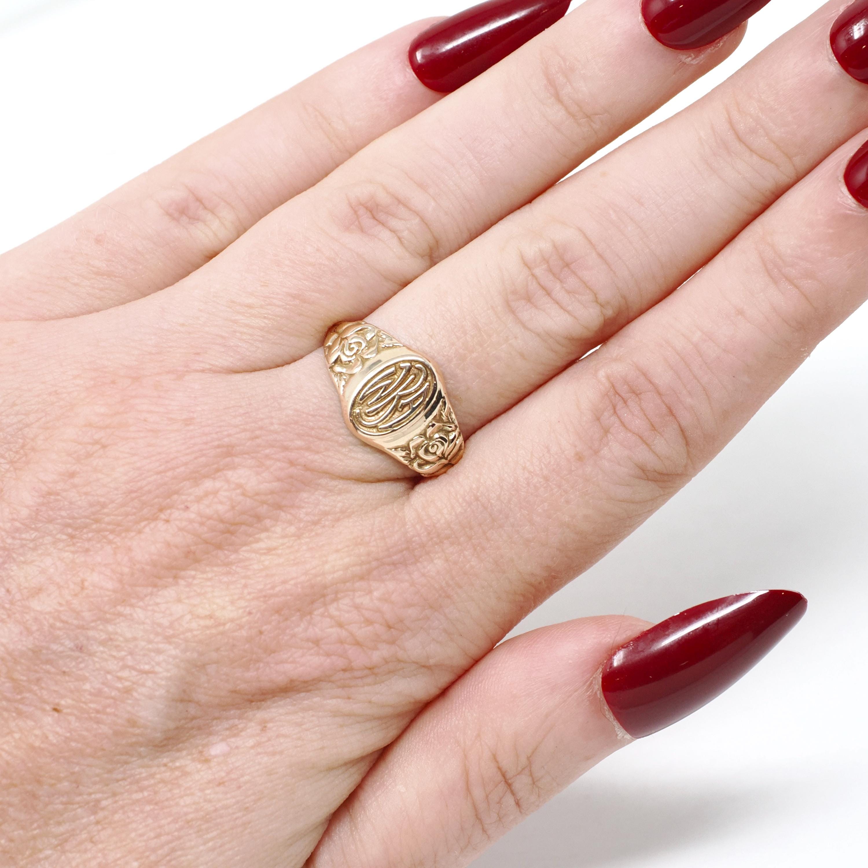 Antique "WKA" Signet Ring - Art Deco Era 10k Yellow Gold Engraved Initial Letters Unisex - Stamped 1923 Size 6 Floral Flower Fine Jewelry