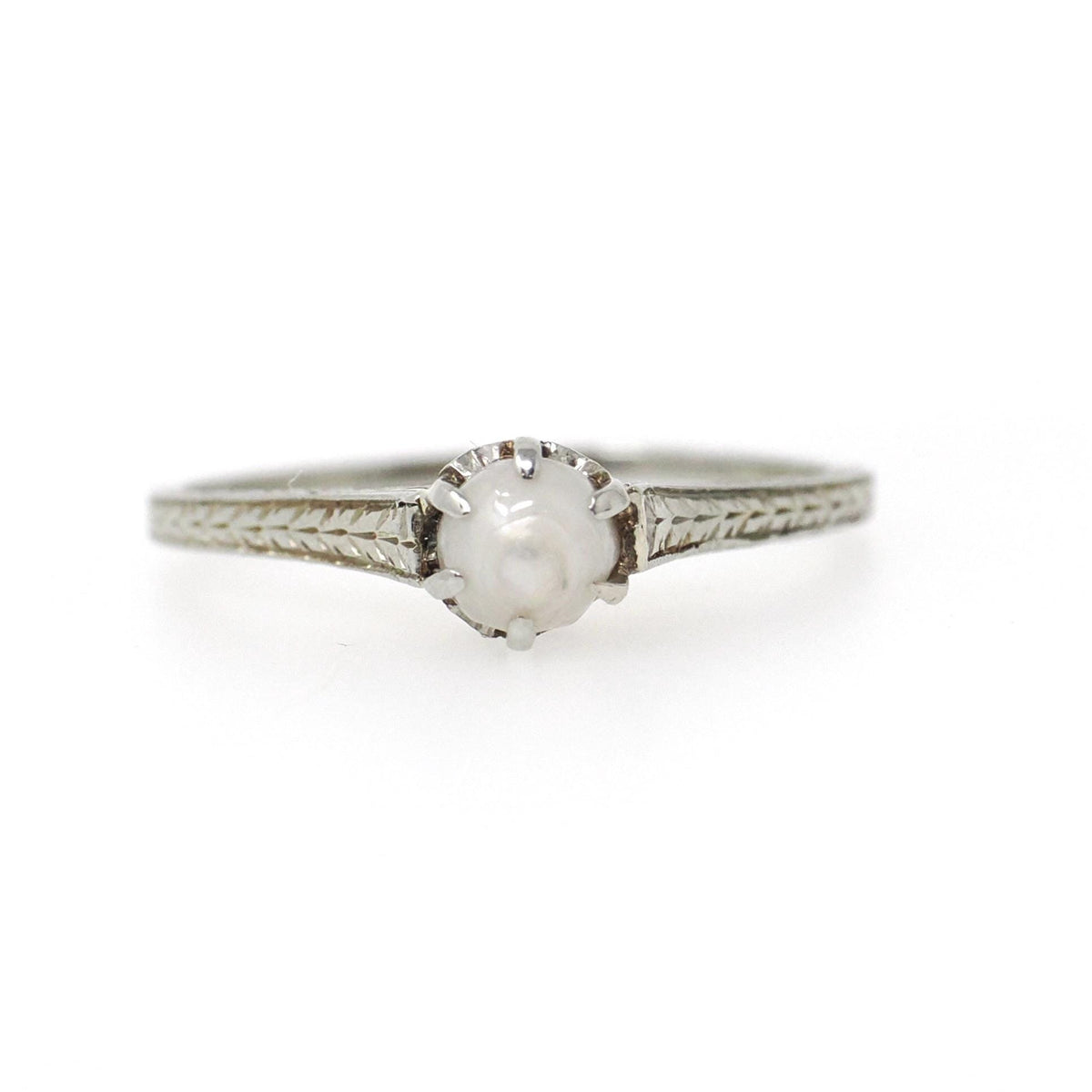 Cultured Pearl Ring - Art Deco 18k White Gold Dainty Wheat Filigree Solitaire - Vintage Circa 1930s Size 4 3/4 June Birthstone Fine Jewelry