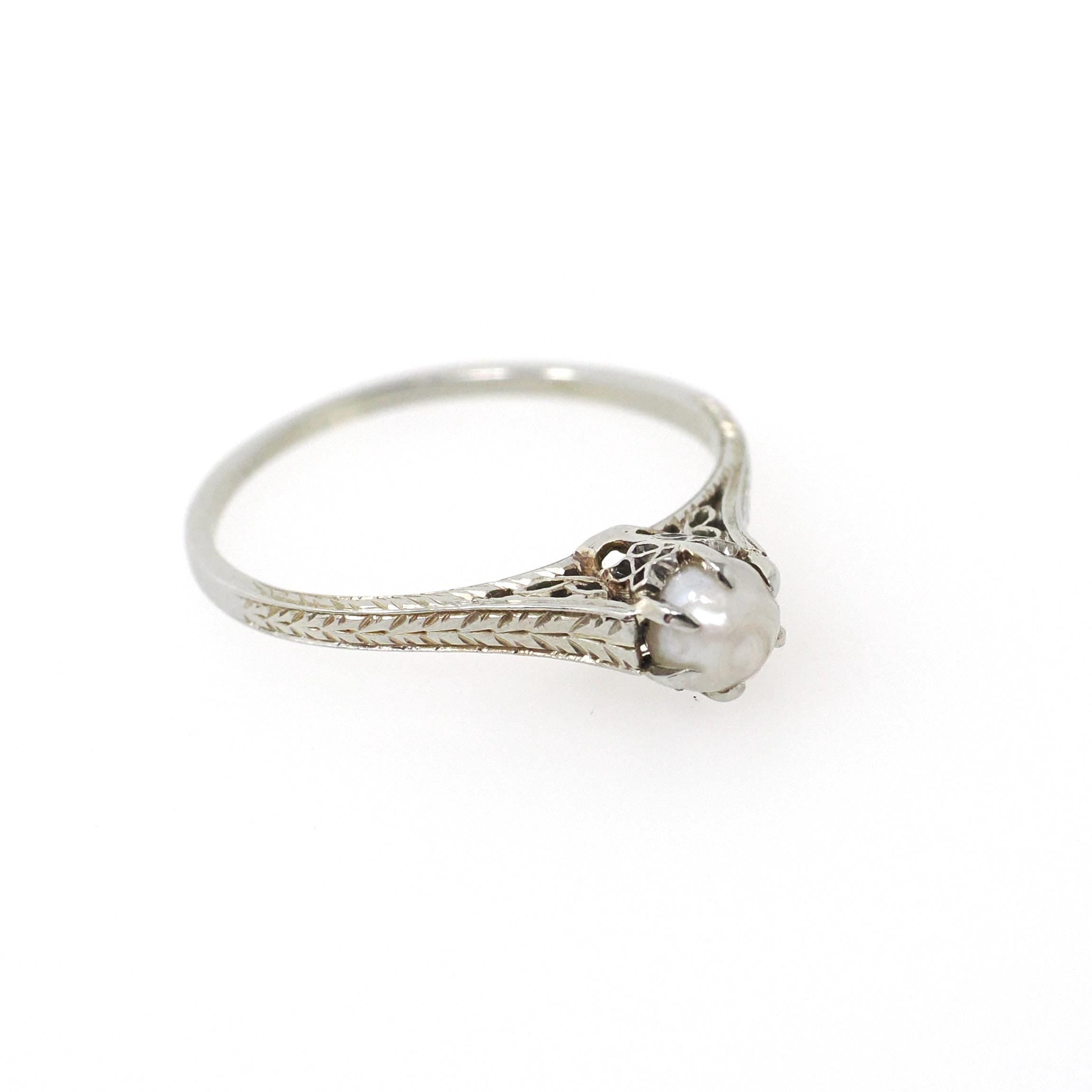 Cultured Pearl Ring - Art Deco 18k White Gold Dainty Wheat Filigree Solitaire - Vintage Circa 1930s Size 4 3/4 June Birthstone Fine Jewelry