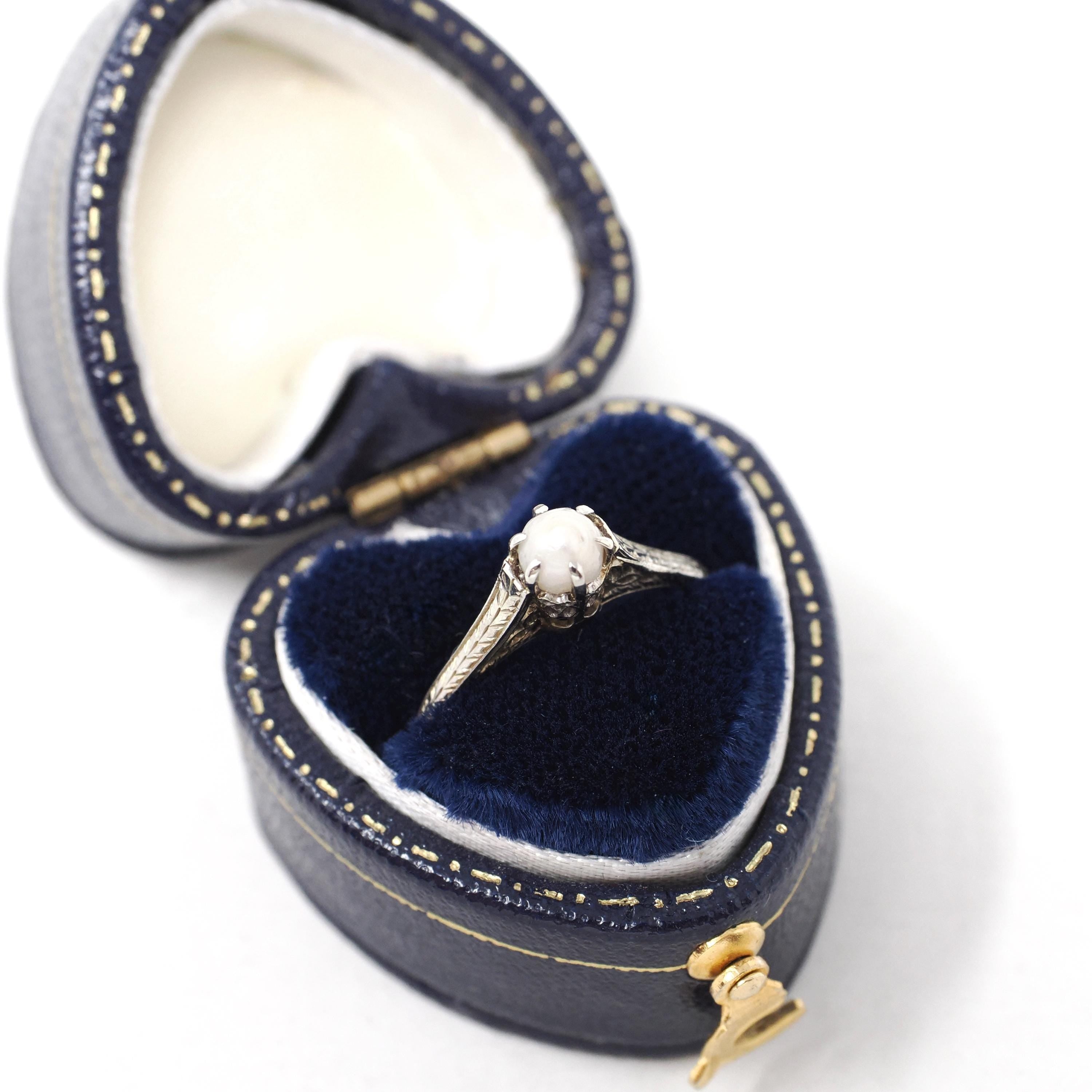 Cultured Pearl Ring - Art Deco 18k White Gold Dainty Wheat Filigree Solitaire - Vintage Circa 1930s Size 4 3/4 June Birthstone Fine Jewelry