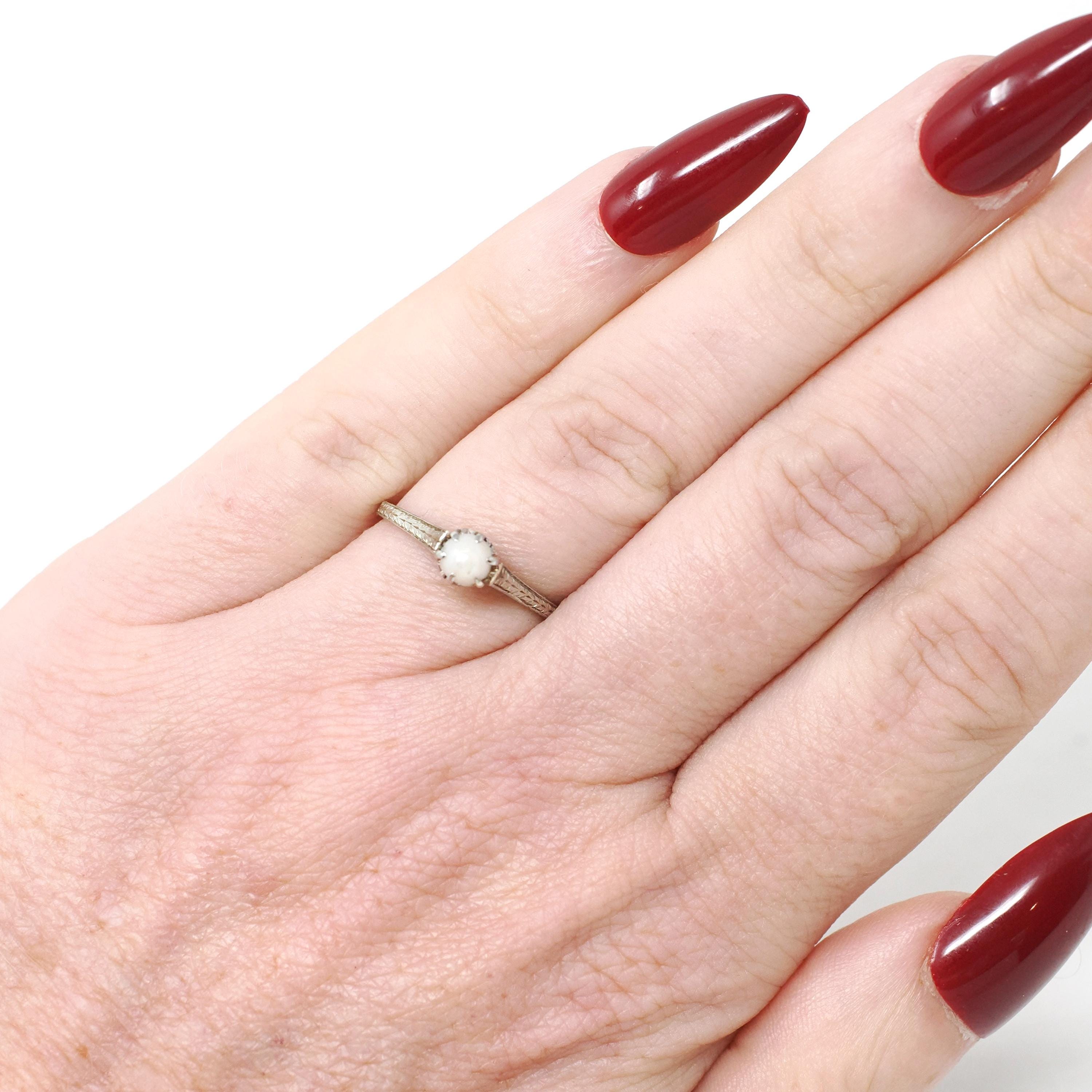 Cultured Pearl Ring - Art Deco 18k White Gold Dainty Wheat Filigree Solitaire - Vintage Circa 1930s Size 4 3/4 June Birthstone Fine Jewelry
