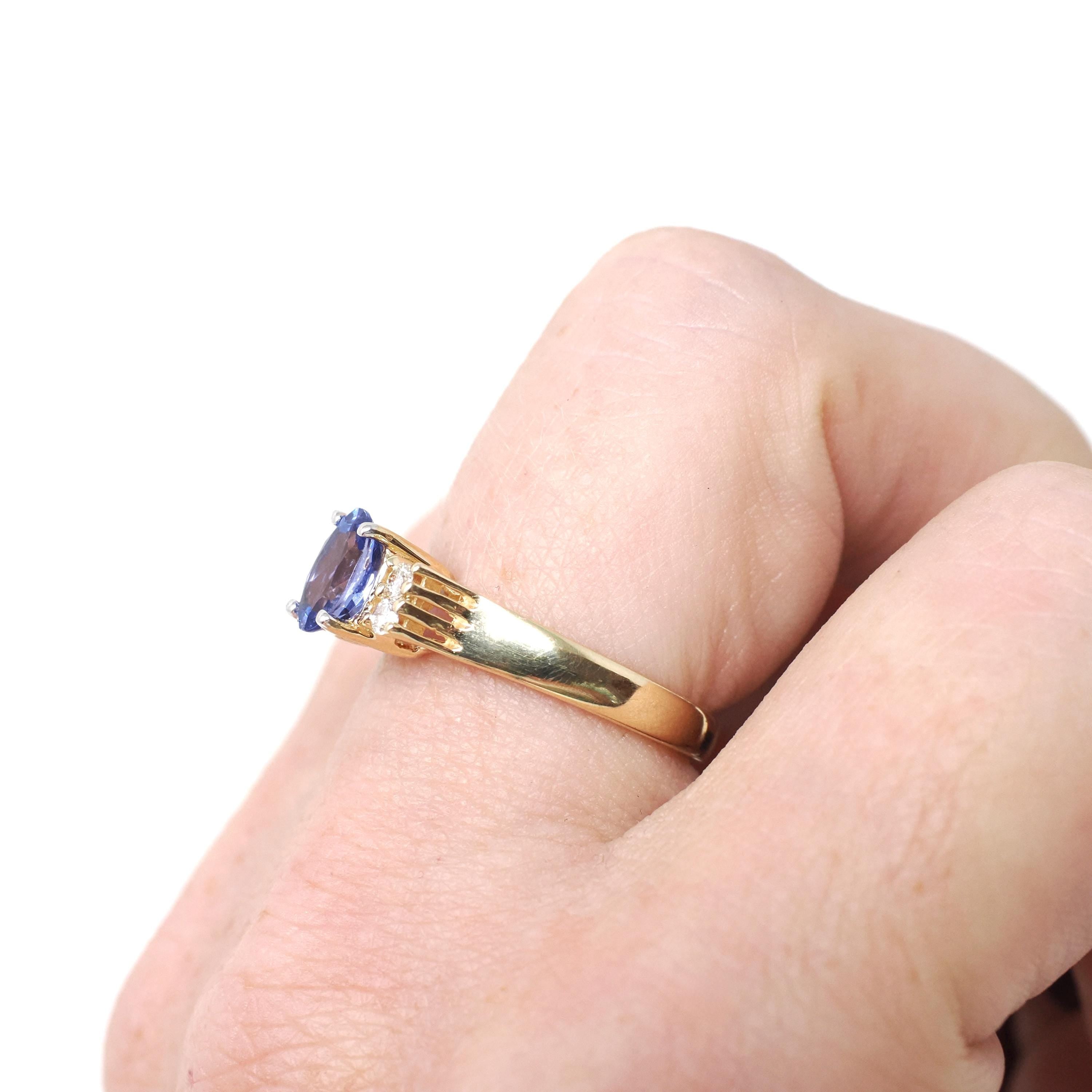 Tanzanite & Diamond Ring - Contemporary 14k Yellow Gold Oval Faceted .83 CT Gemstone - Estate 1990s Size 6 1/4 Accented Fine Modern Jewelry