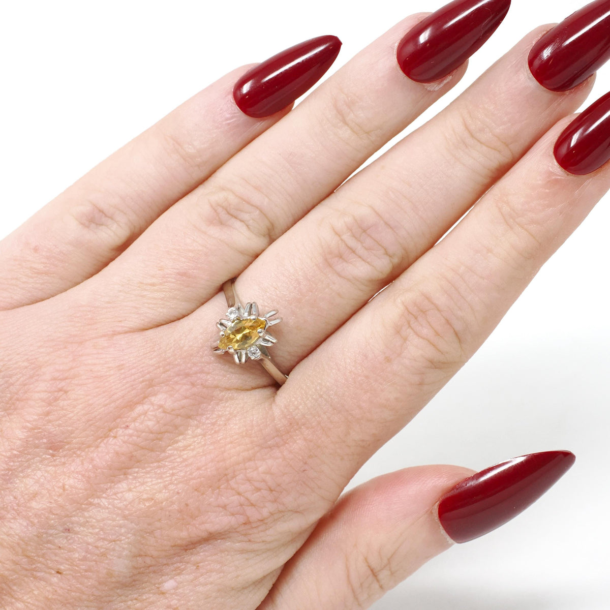 Created Yellow Sapphire Ring - Contemporary 10k White Gold Marquise Gemstone Created Spinels - Estate Circa 1990s Era Size 7 Fine Jewelry