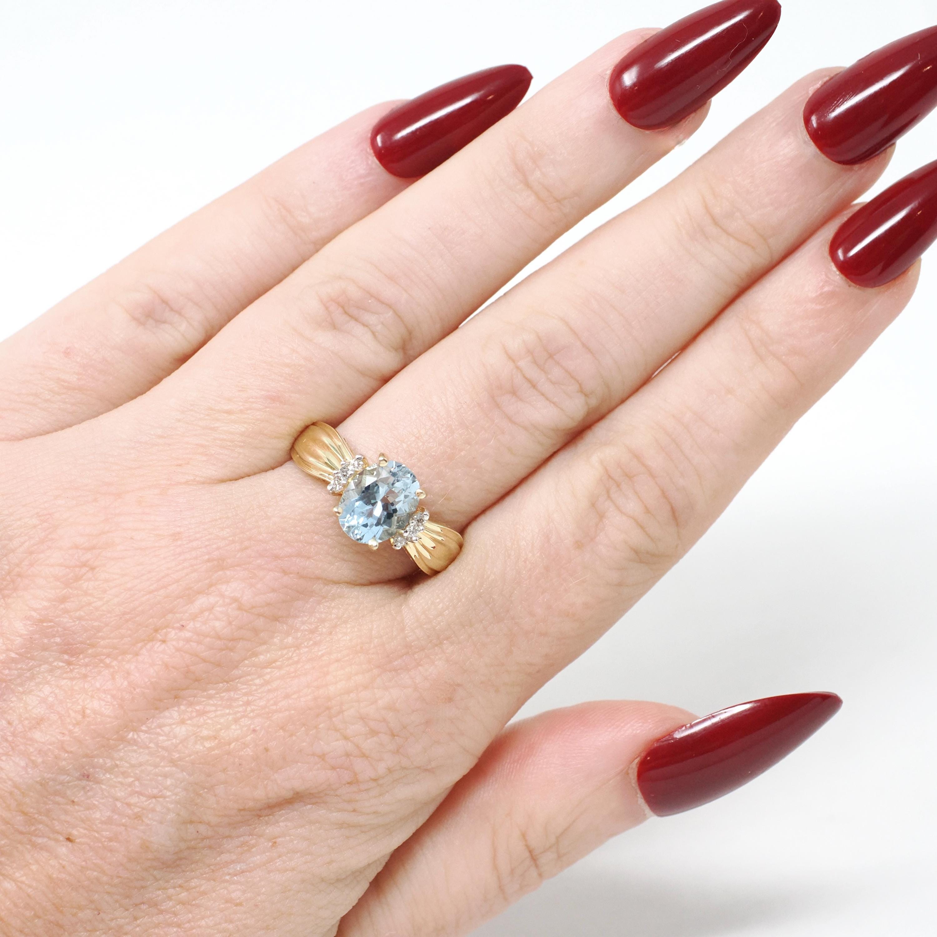 Aquamarine & Diamond Ring - Contemporary 14k Yellow Gold Oval Faceted 1.80 CT Blue Gem - Estate Circa 2000's Size 7 Fine Statement Jewelry