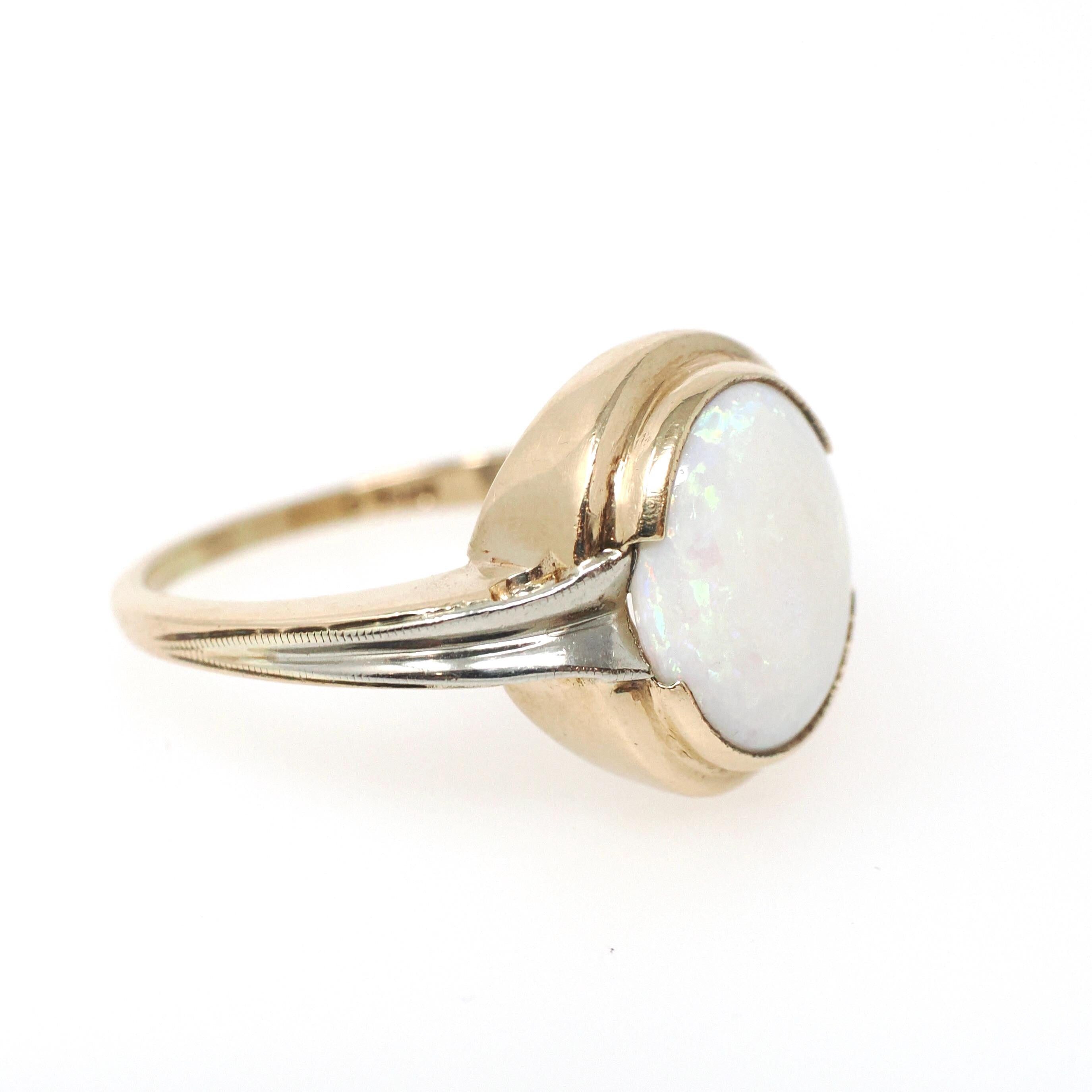 Vintage Opal Ring - Mid Century 10k Yellow Gold Natural Cabochon Gemstone Solitaire - Circa 1960s Size 7 3/4 October Birthstone Fine Jewelry