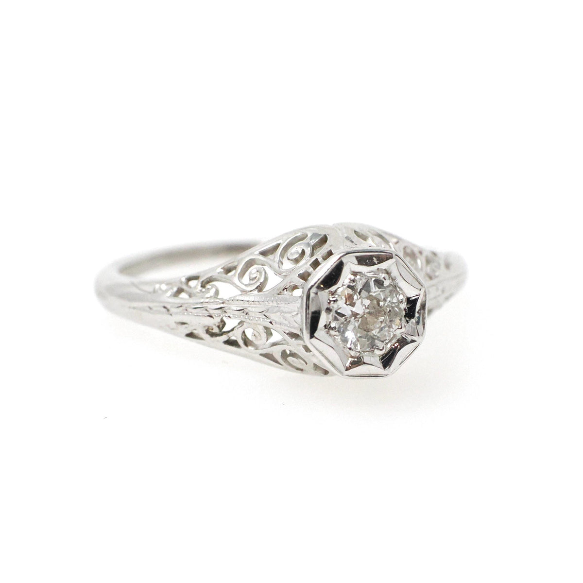 Art Deco Engagement Ring - Vintage 14k White Gold Filigree 0.18 CT Old European Diamond Solitaire - Circa 1930s Era Size 8 1/2 Fine Jewelry