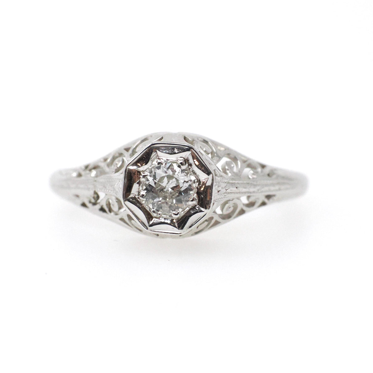 Art Deco Engagement Ring - Vintage 14k White Gold Filigree 0.18 CT Old European Diamond Solitaire - Circa 1930s Era Size 8 1/2 Fine Jewelry