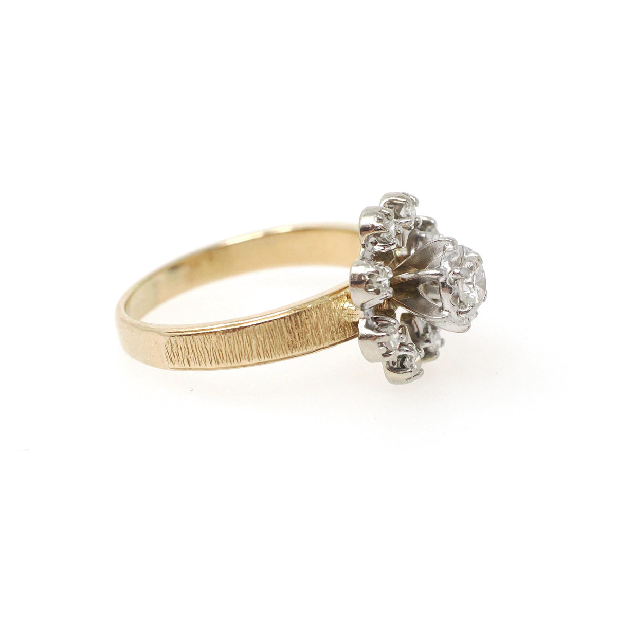 Diamond Engagement Ring - Modernist 14k Yellow & White Gold .33 CTW Floral Cluster Halo - Circa 1970s Era Size 7 3/4 Fine Engagement Jewelry
