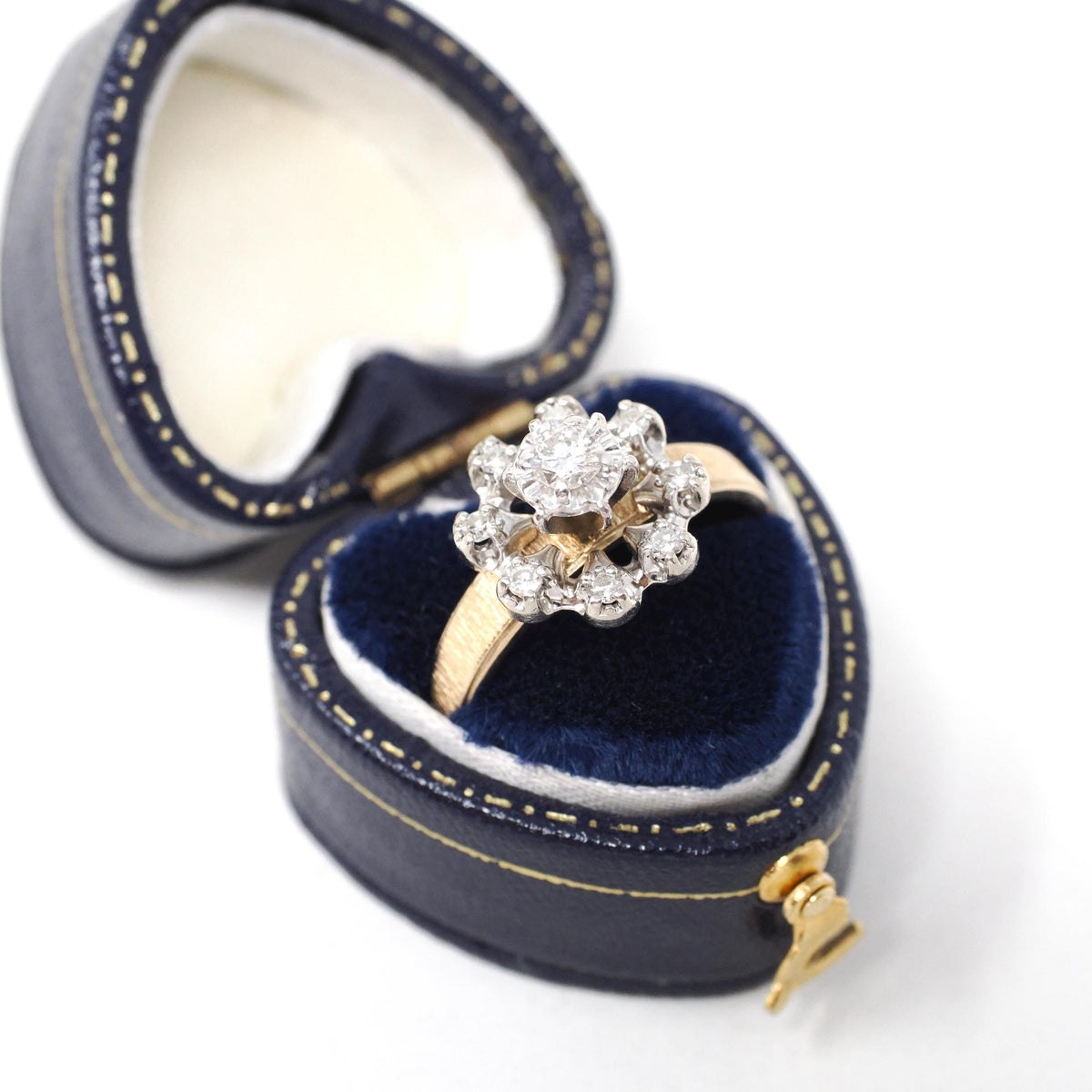 Diamond Engagement Ring - Modernist 14k Yellow & White Gold .33 CTW Floral Cluster Halo - Circa 1970s Era Size 7 3/4 Fine Engagement Jewelry