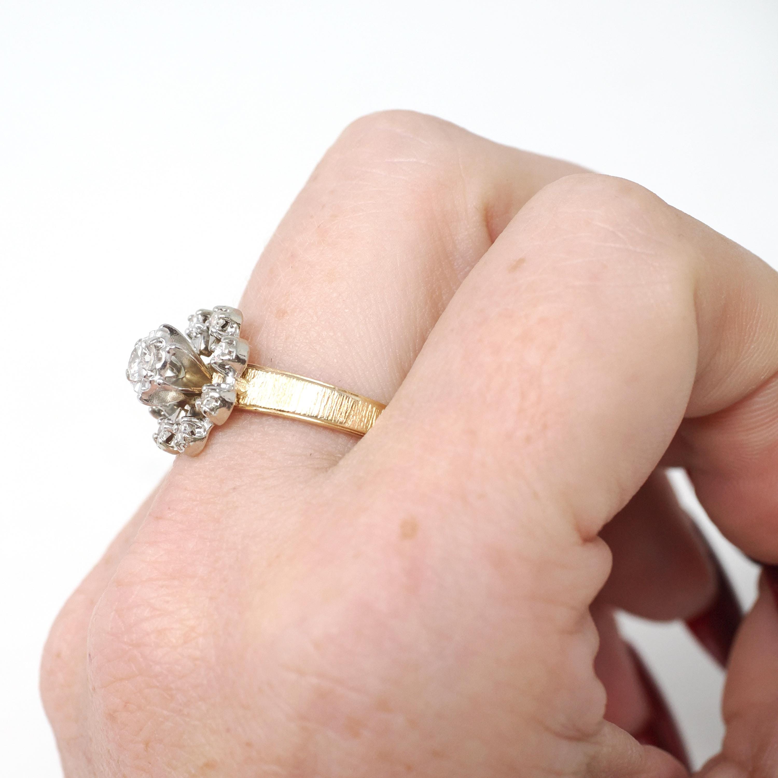 Diamond Engagement Ring - Modernist 14k Yellow & White Gold .33 CTW Floral Cluster Halo - Circa 1970s Era Size 7 3/4 Fine Engagement Jewelry