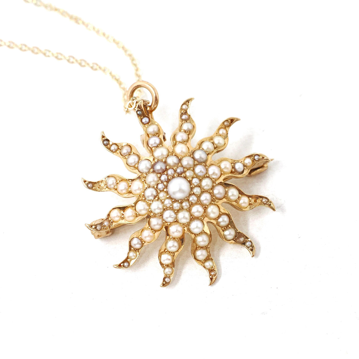 Antique Starburst Necklace - Edwardian 14k Yellow Gold Seed Pearls Brooch Pendant - Circa 1910s Sun Star Celestial Fine Statement Jewelry