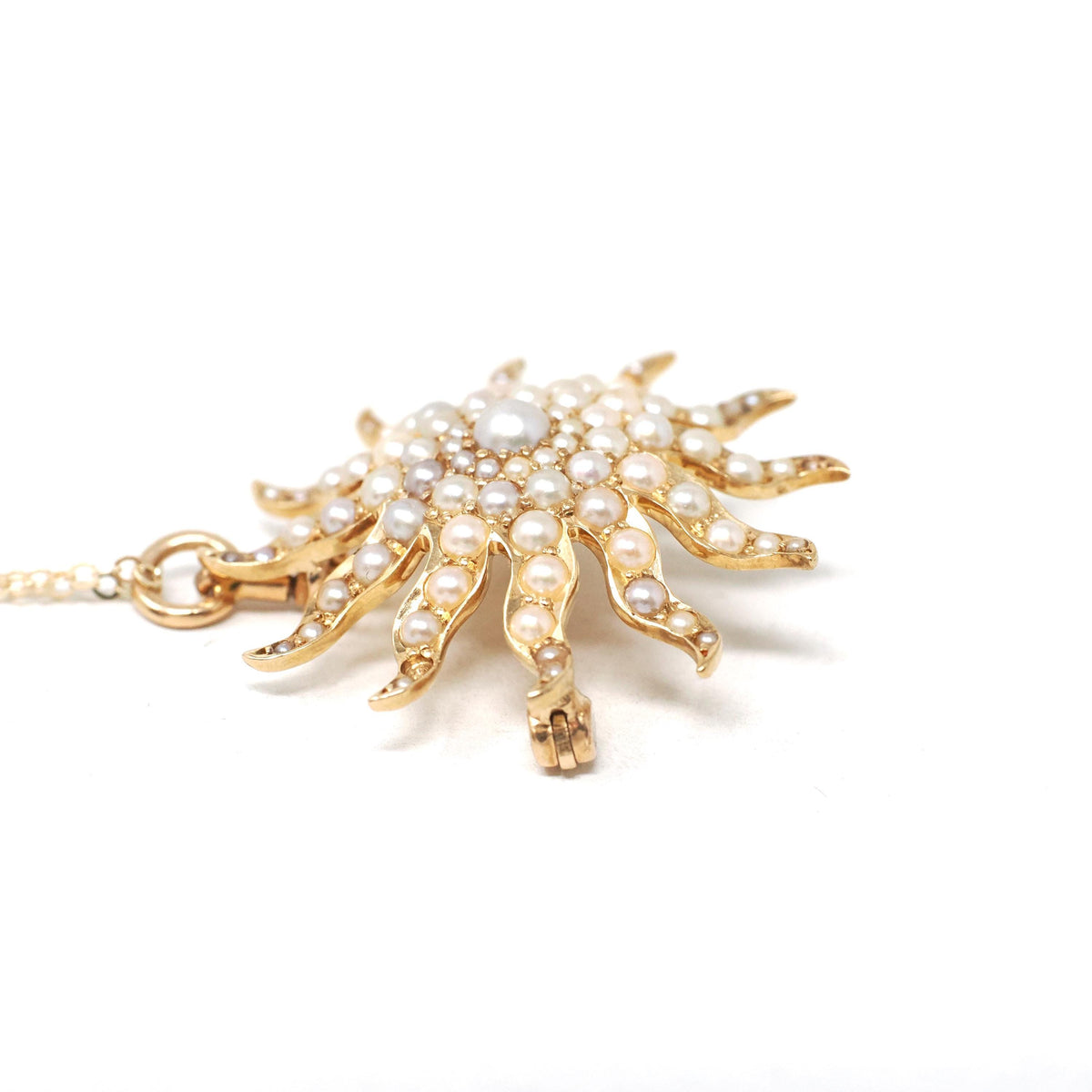 Antique Starburst Necklace - Edwardian 14k Yellow Gold Seed Pearls Brooch Pendant - Circa 1910s Sun Star Celestial Fine Statement Jewelry