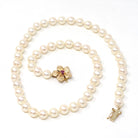 Pearl Strand Necklace - Estate 14k Yellow Gold Flower Clasp Ruby Accent 6 MM Freshwater Beads - Contemporary Era Choker Fine Jewelry