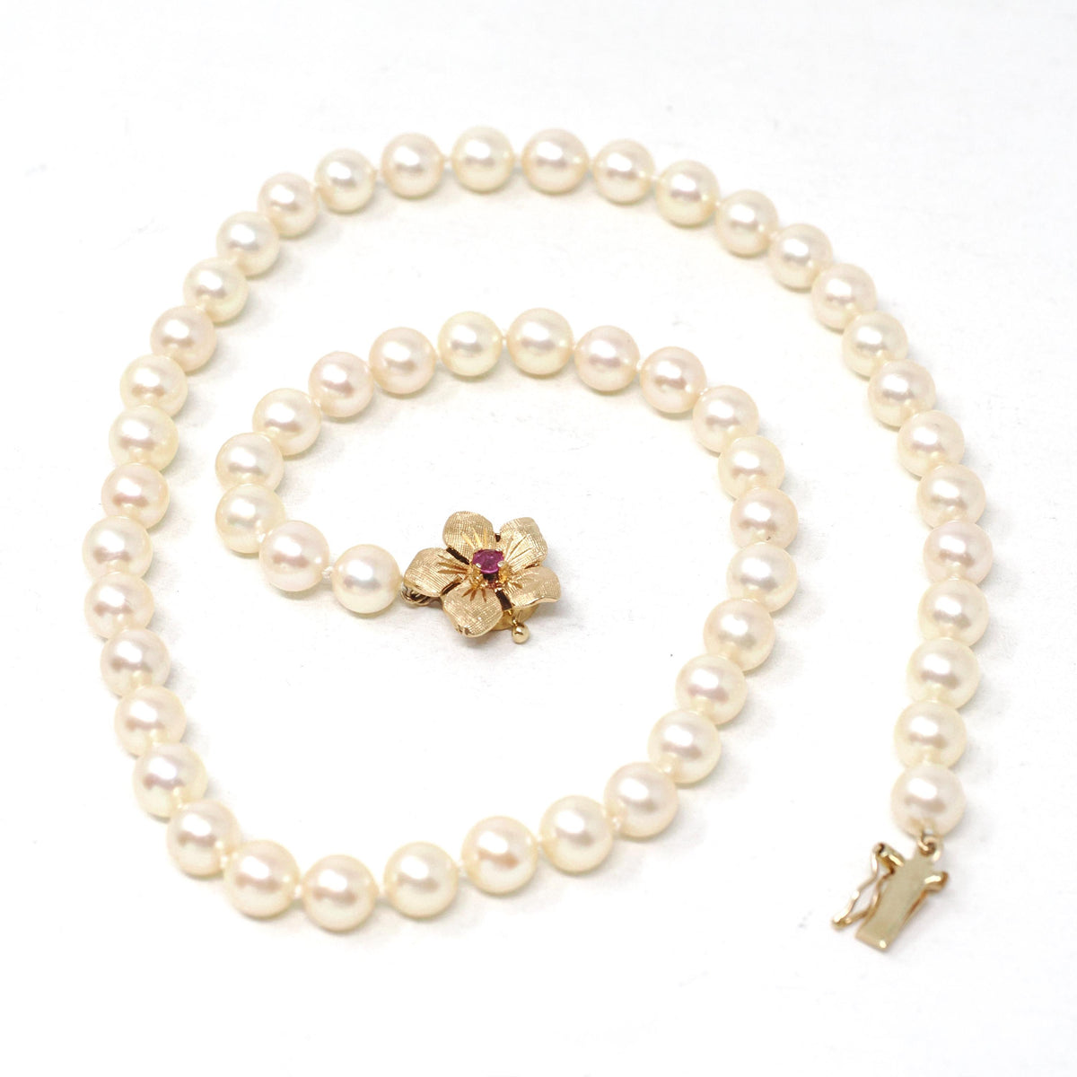 Pearl Strand Necklace - Estate 14k Yellow Gold Flower Clasp Ruby Accent 6 MM Freshwater Beads - Contemporary Era Choker Fine Jewelry