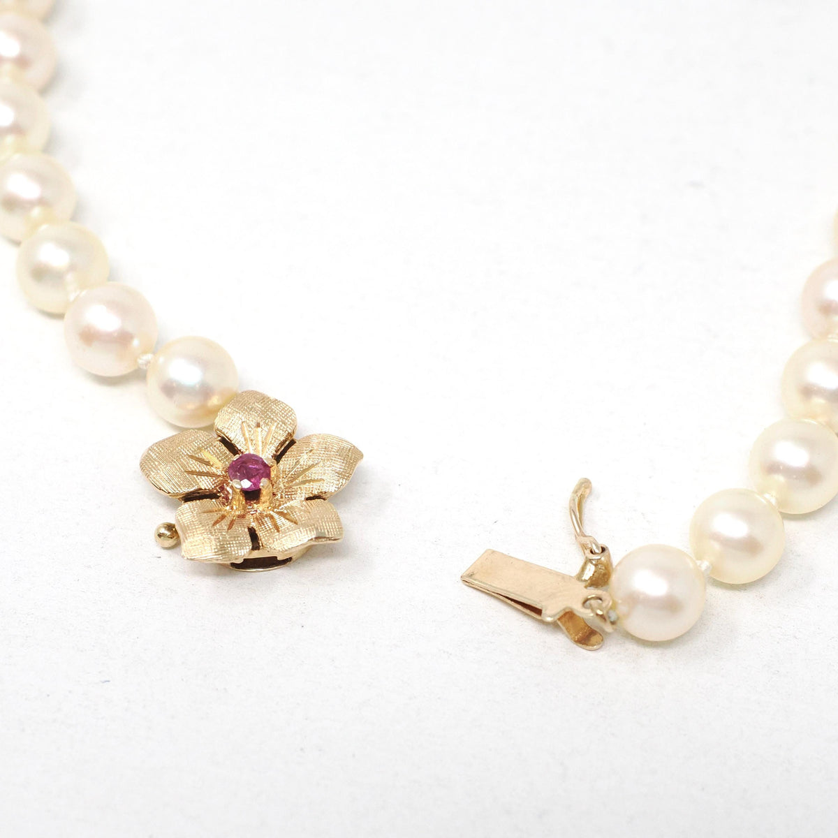 Pearl Strand Necklace - Estate 14k Yellow Gold Flower Clasp Ruby Accent 6 MM Freshwater Beads - Contemporary Era Choker Fine Jewelry