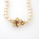 Pearl Strand Necklace - Estate 14k Yellow Gold Flower Clasp Ruby Accent 6 MM Freshwater Beads - Contemporary Era Choker Fine Jewelry