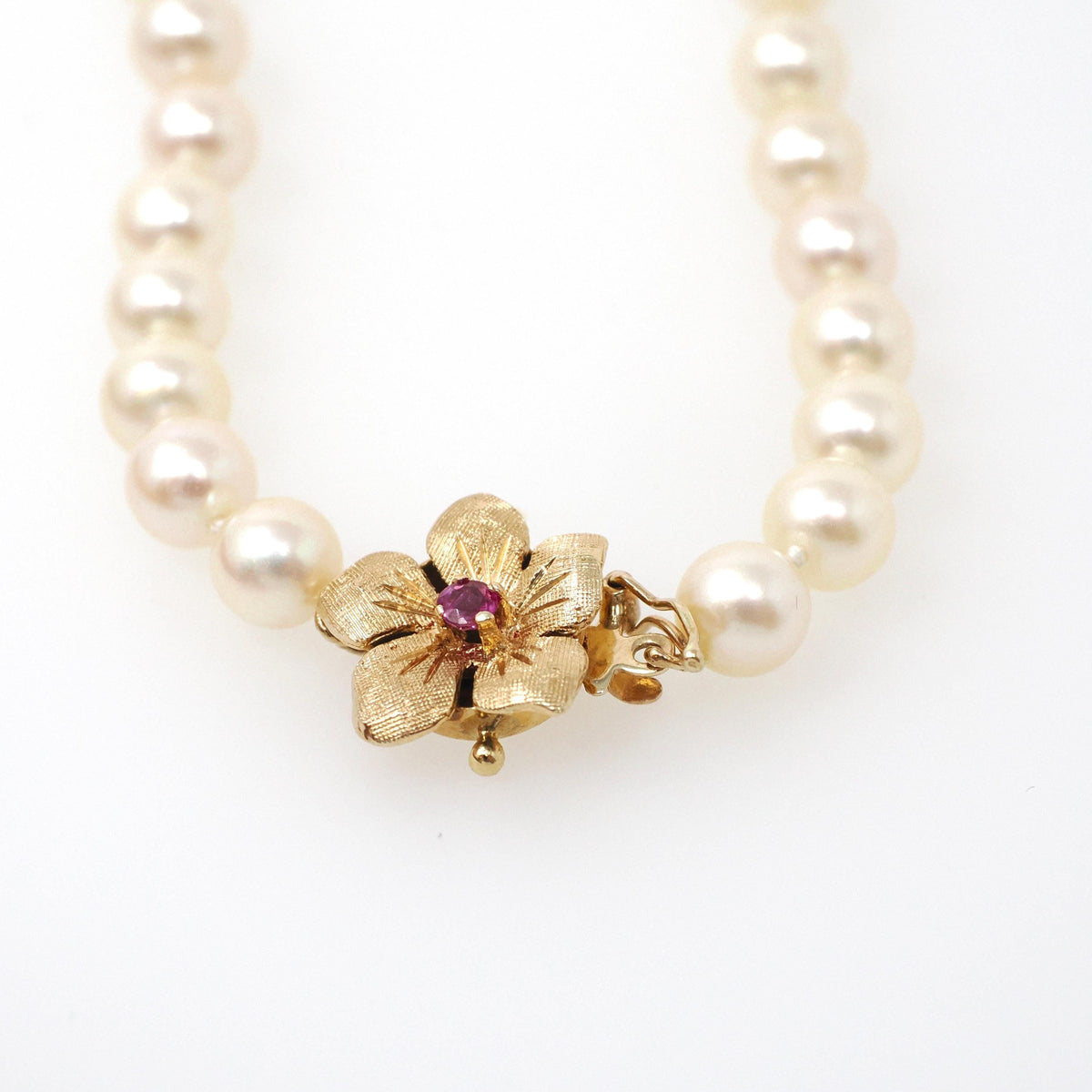 Pearl Strand Necklace - Estate 14k Yellow Gold Flower Clasp Ruby Accent 6 MM Freshwater Beads - Contemporary Era Choker Fine Jewelry