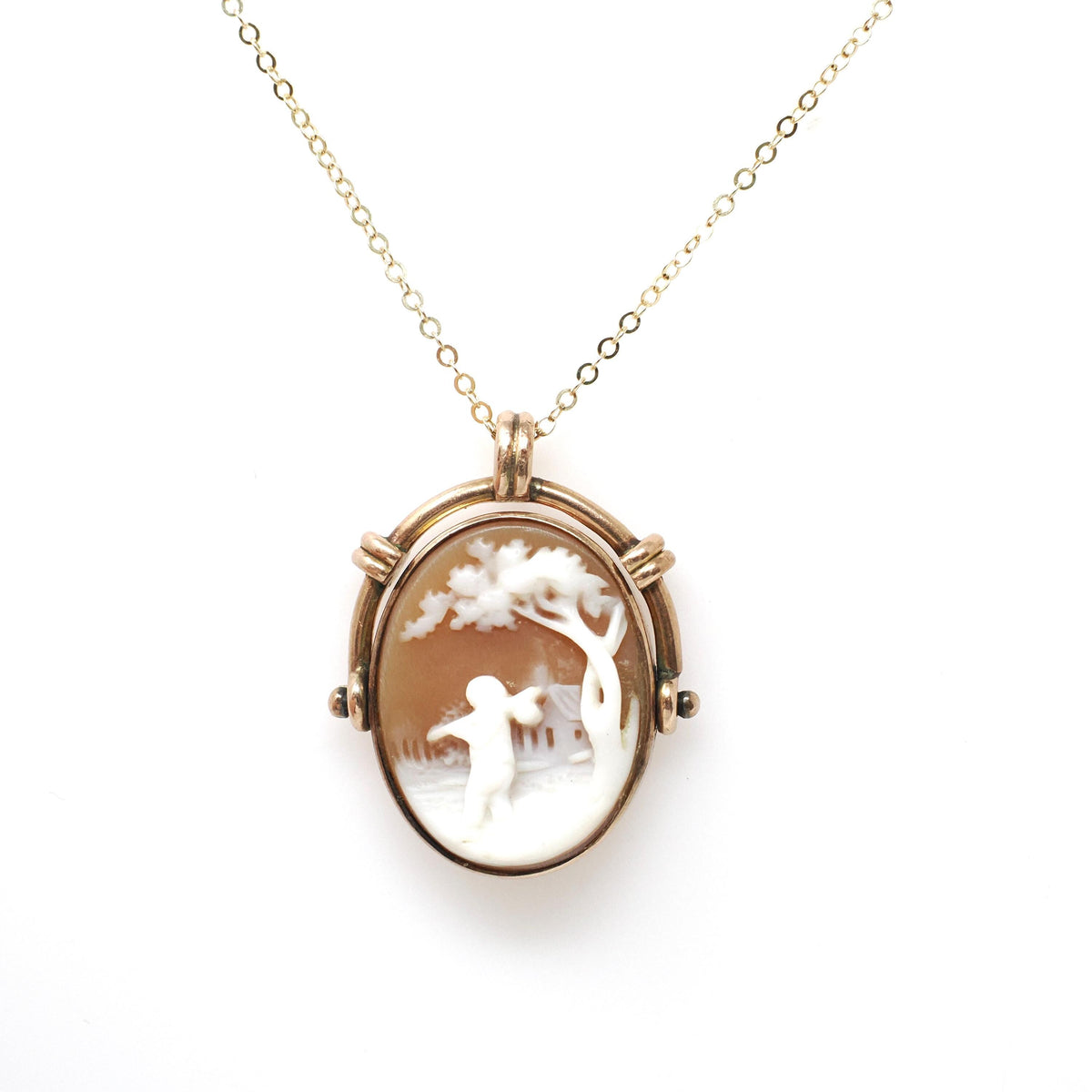 Antique Flip Pendant - Victorian 10K Rosy Yellow Gold Carved Shell Cameo Spinner Necklace - Dated July 8th 1885 Two Sided Statement Jewelry