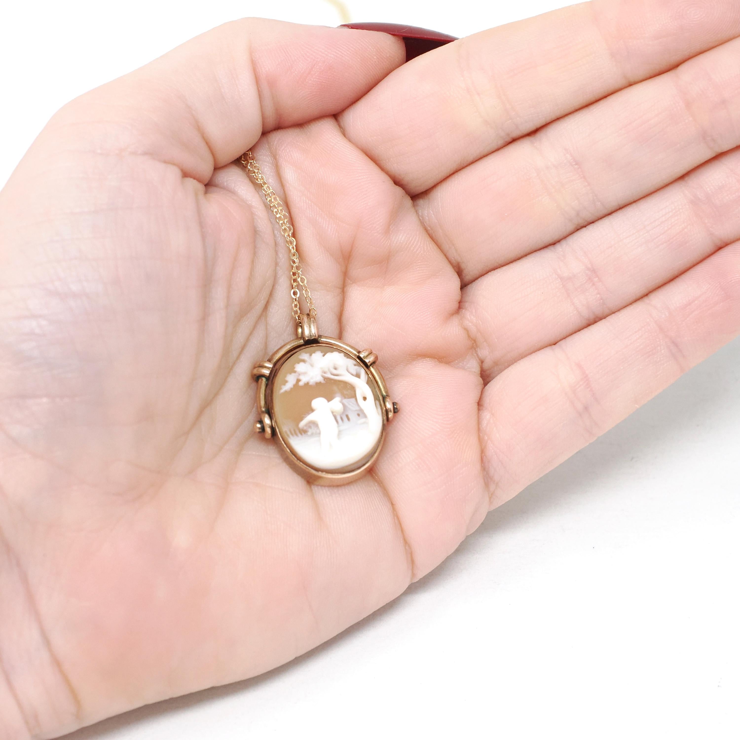 Antique Flip Pendant - Victorian 10K Rosy Yellow Gold Carved Shell Cameo Spinner Necklace - Dated July 8th 1885 Two Sided Statement Jewelry