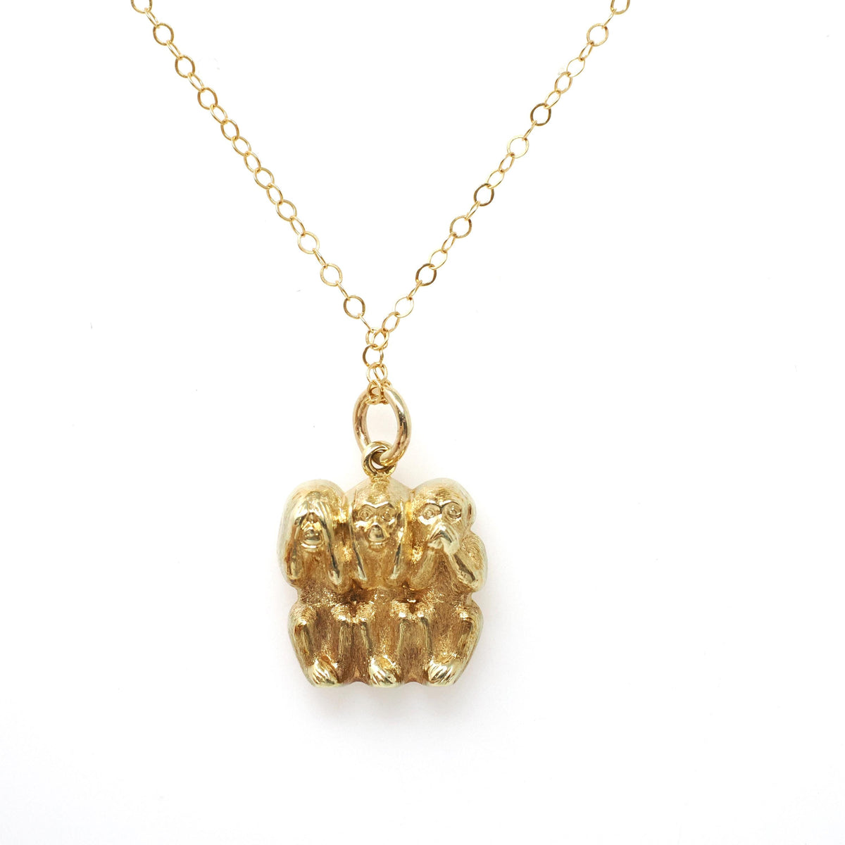 Three Wise Monkeys Charm - Vintage 14k Yellow Gold See Hear Speak No Evil Pendant Necklace - Bold Gold Estate 1980s Figural Animal Jewelry