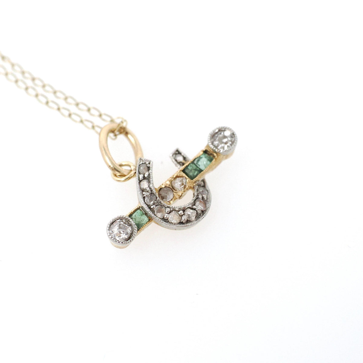 Edwardian Horseshoe Pendant - Antique 18k Yellow Gold & Platinum Emerald Diamond Charm - Circa 1910s Era Good Luck Equestrian Fine Jewelry
