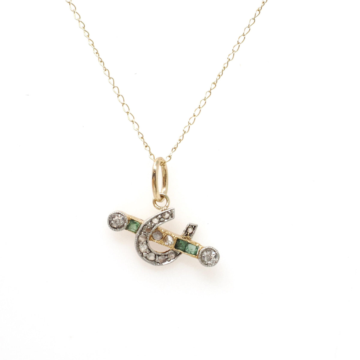 Edwardian Horseshoe Pendant - Antique 18k Yellow Gold & Platinum Emerald Diamond Charm - Circa 1910s Era Good Luck Equestrian Fine Jewelry