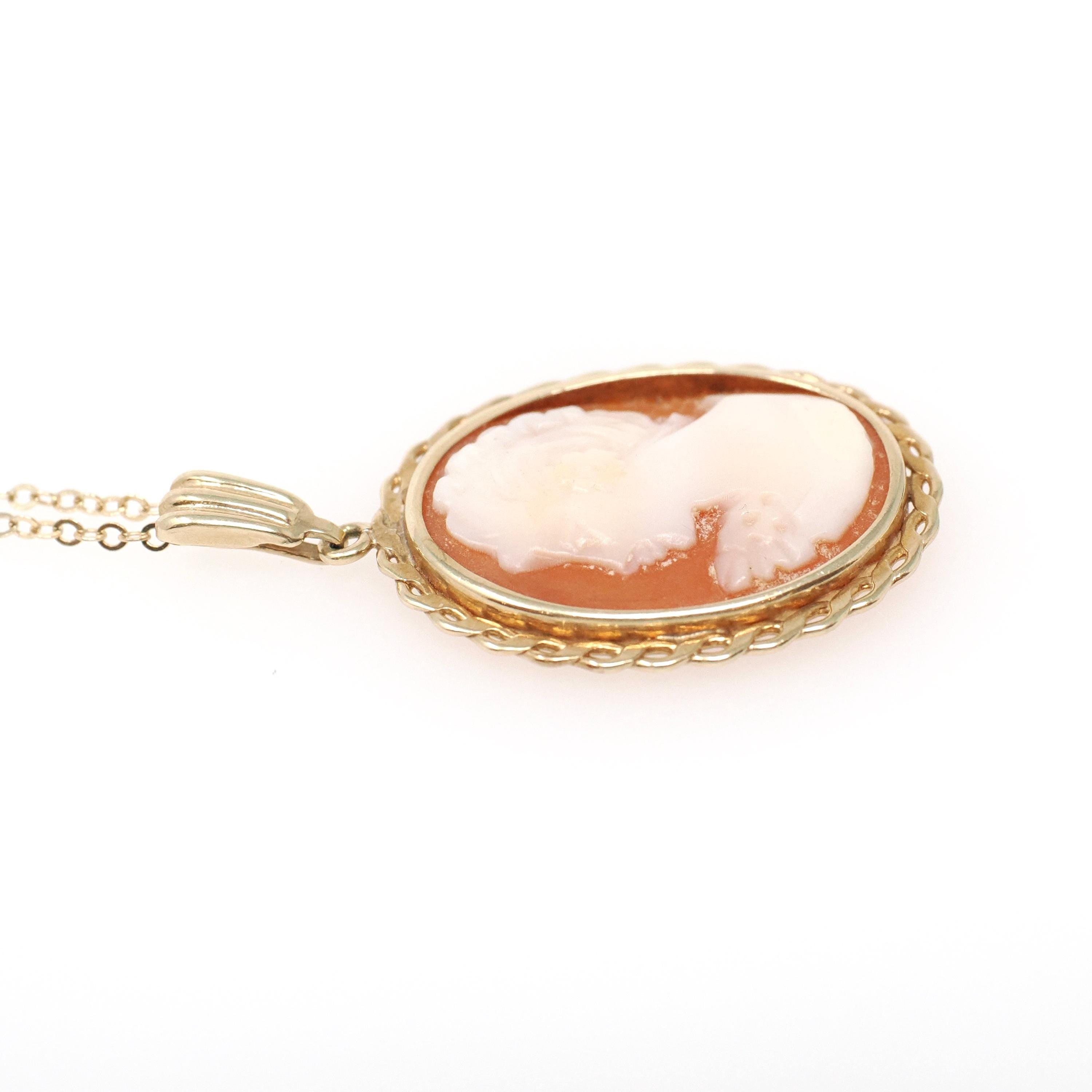 Vintage Cameo Necklace - Modernist 9k Yellow Gold Carved Shell Woman's Profile Pendant Charm - Circa Late 1960s Era Statement Fine Jewelry