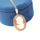 Vintage Cameo Necklace - Modernist 9k Yellow Gold Carved Shell Woman's Profile Pendant Charm - Circa Late 1960s Era Statement Fine Jewelry