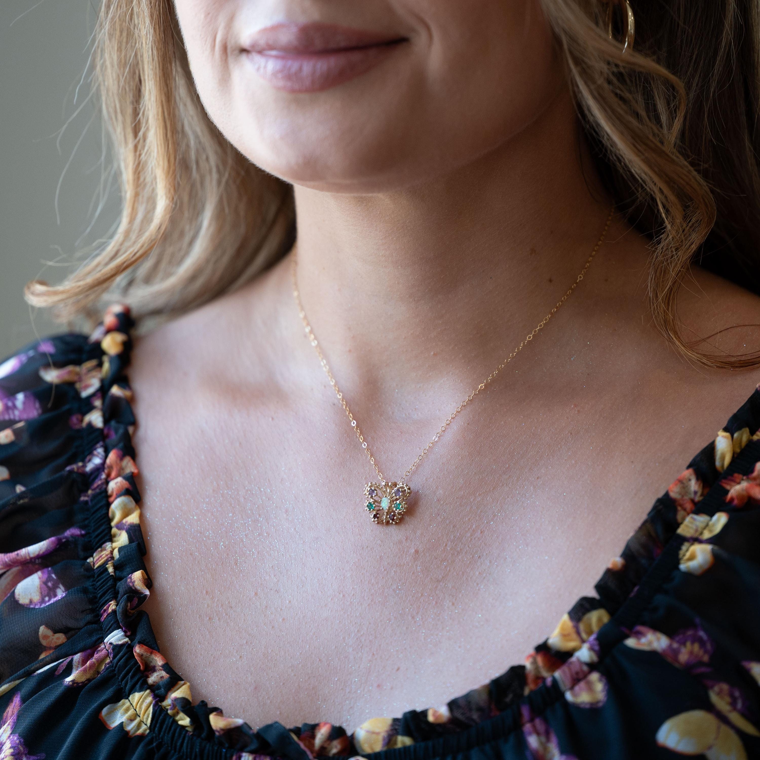 Vintage Butterfly Necklace - Contemporary 14k Yellow Gold Natural Opal Amethyst Garnet Created Emerald Gem - Circa 2000s Winged Fine Jewelry