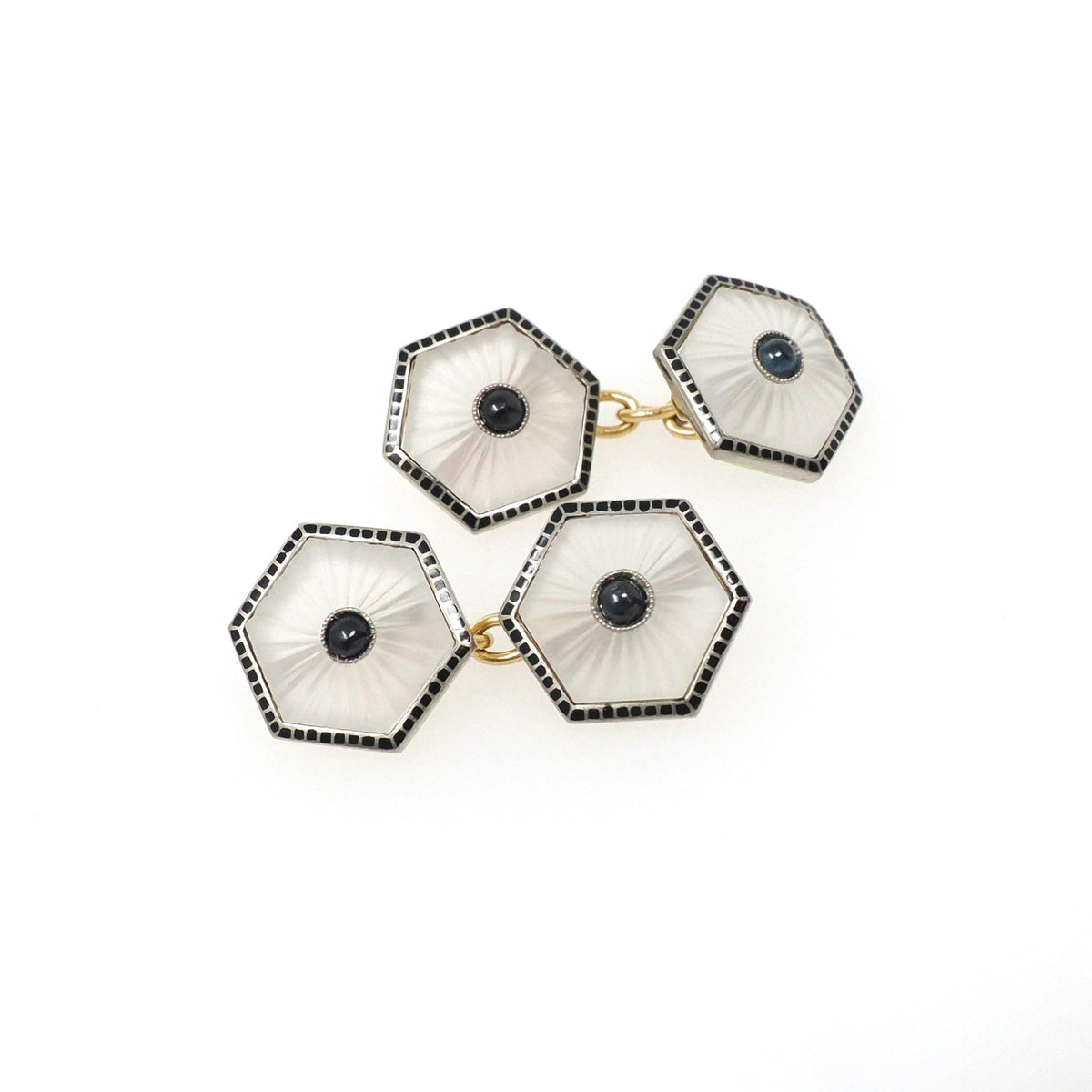 Art Deco Cufflinks - Antique 18k Yellow White Gold Matched Hexagonal Natural Sapphire Rock Crystal Quartz - Circa 1930s Fine Enamel Jewelry